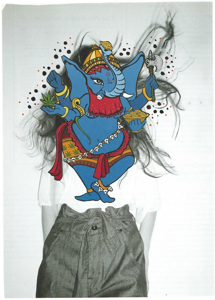 A photo of a person wearing a white shirt and high-waisted gray pants, with a colorful cartoon depiction of Lord Ganesha covering their face and upper body.
