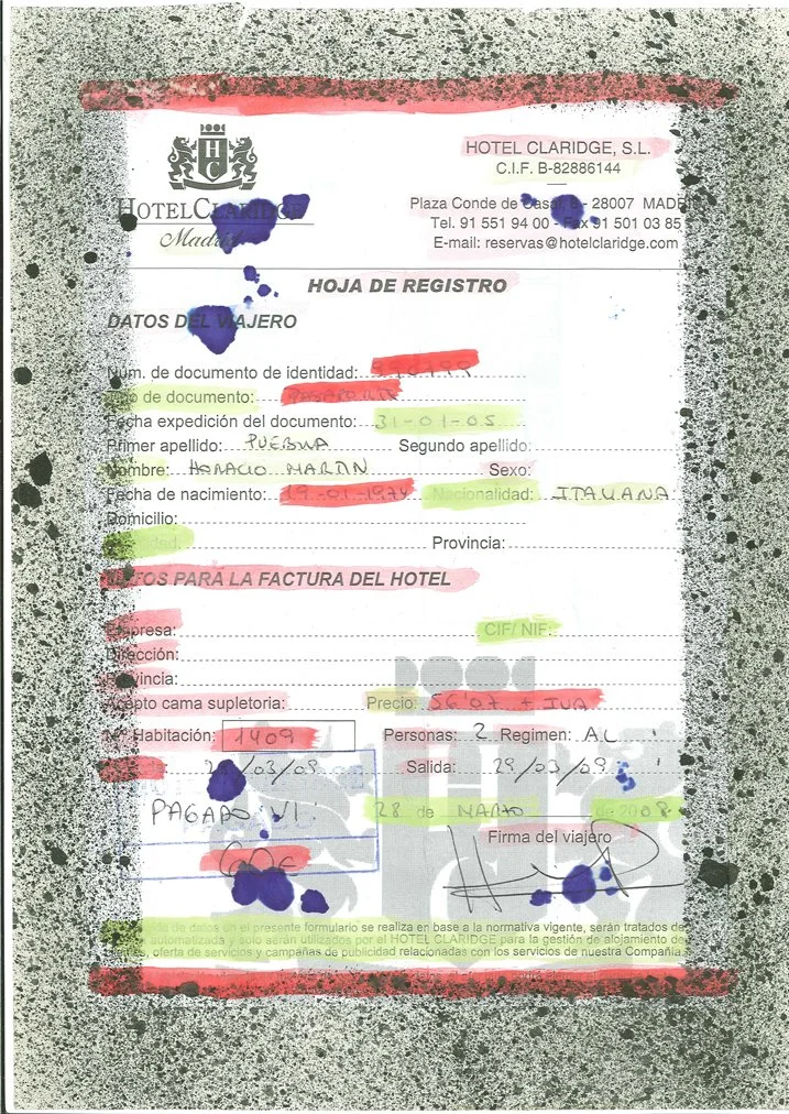 A hotel registration form with multiple ink stains and scribbles, containing personal information such as name, date of birth, nationality, and travel details, overlaid with various highlights and markings.