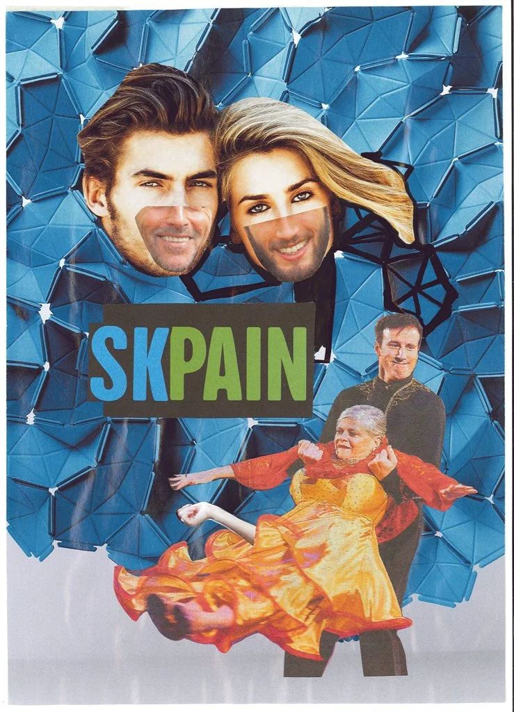 Collage of two couples' faces, with the word "SKPAIN" and an elderly woman in a yellow dress dancing with a young man against a blue geometric background.
