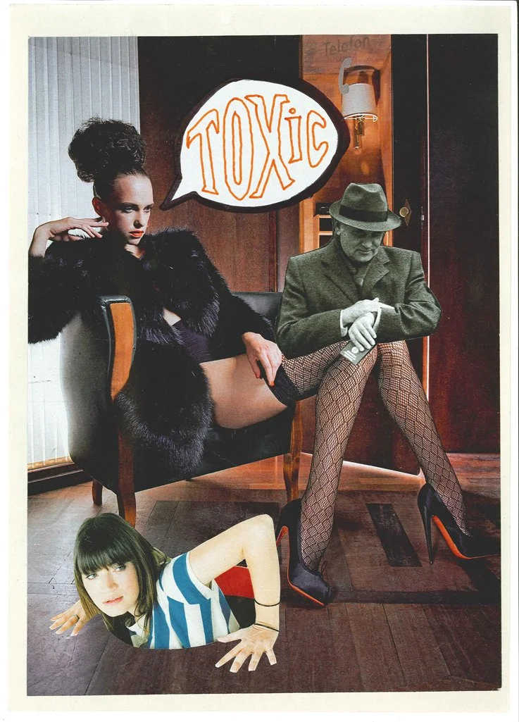 A collage with three women in different settings: one woman is sitting on a chair wearing a black fur coat, her hair styled in an elaborate updo, with a speech bubble above her saying "TOXIC"; another woman is sitting on a table wearing vintage cloth