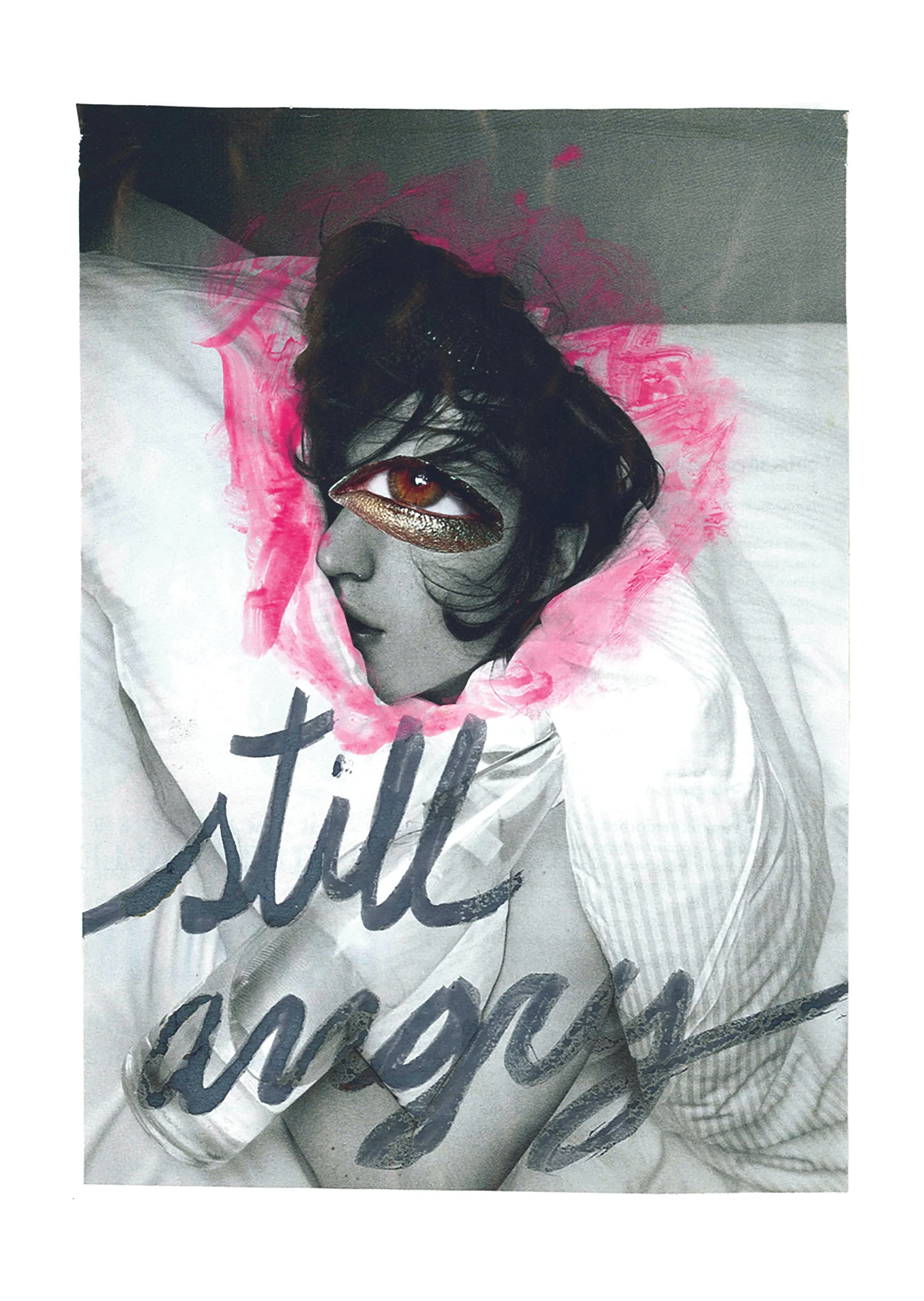 Artistic photo collage featuring a woman's face with a large eye painted over her eye, surrounded by pink brushstrokes. The woman's body is in black and white, with the words 'still asleep' written across the image in cursive.