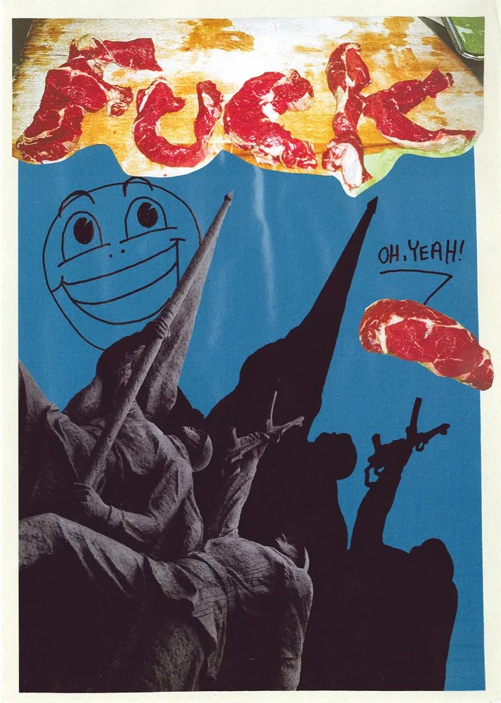 A collage-style image with a cut-out photo of the Statue of Liberty holding a torch, overlaid with cartoon drawings, handwritten text, and pieces of raw steak. The text spells out "freedom" using the steak pieces, and there is a speech bubble saying 