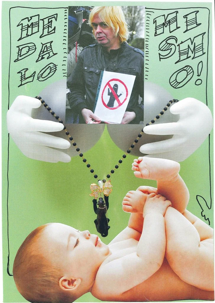 A cartoon-style collage featuring a baby lying on its back, a woman holding a sign with a no-smoking symbol, large white gloved hands holding a beaded necklace with a black stuffed animal and butterfly pendant, and handwritten text in the background 