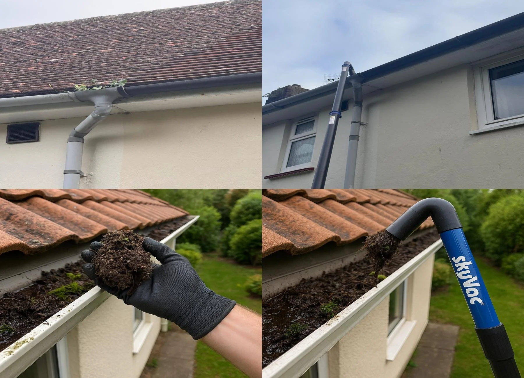 Sequence of four images showing gutter cleaning. Upper left: close-up of gutter with leaves and debris. Upper right: gutter and downspout from below. Lower left: hand in black glove holding a clump of dirt and debris from gutter. Lower right: using a blue SkyVac tool to remove dirt and debris from gutter.