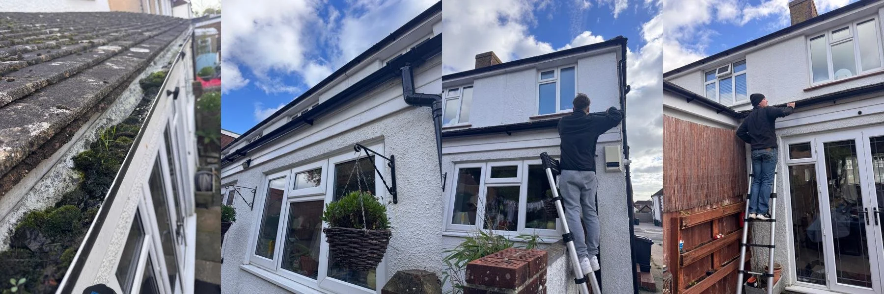 People cleaning and maintaining the exterior walls of a house, with ladders and cleaning equipment, on a partly cloudy day.