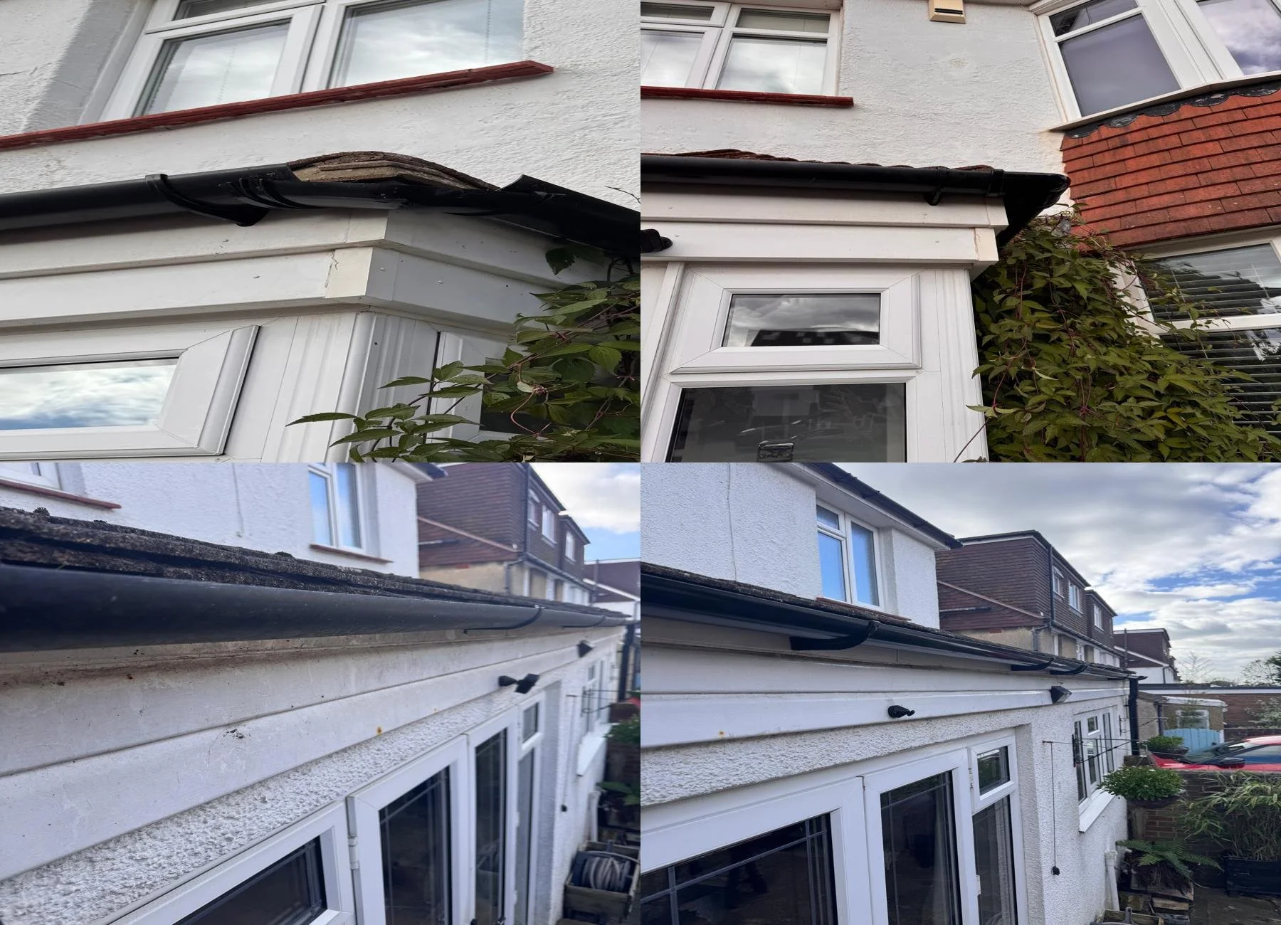 Collage of four photos showing different angles of the exterior of a white house with windows, siding, gutters, and vegetation.