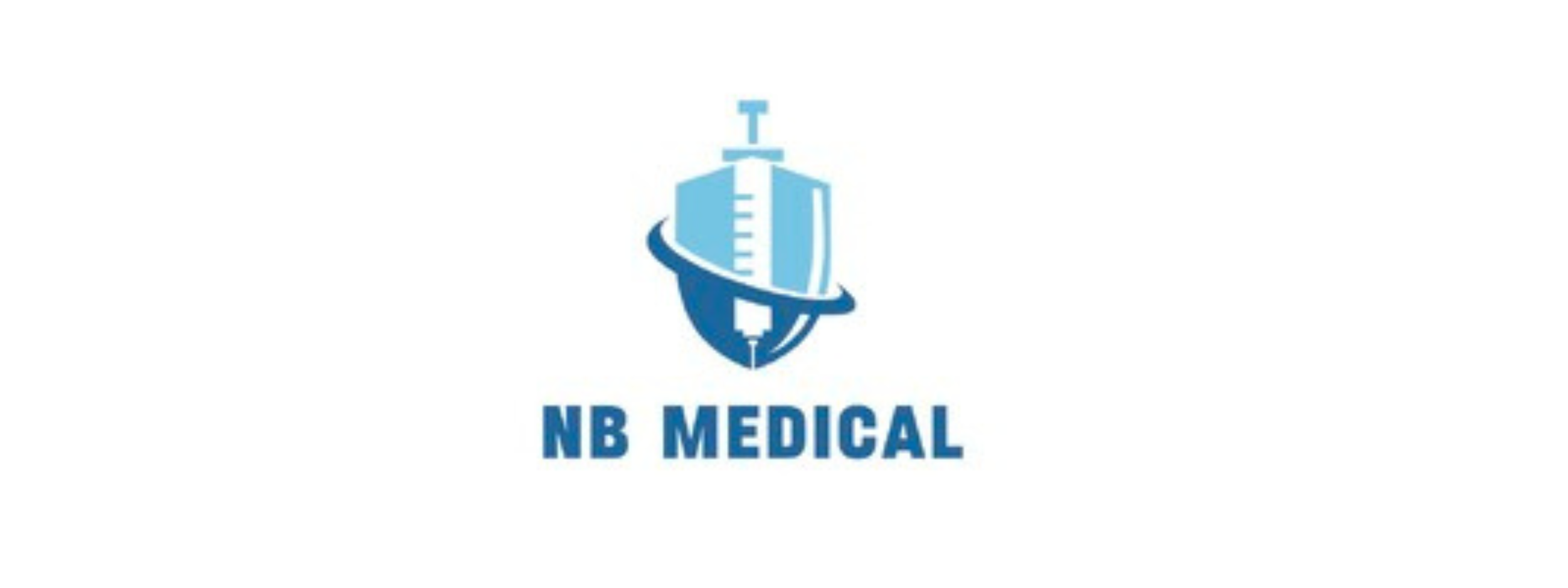 Logo of a needle and syringe in white with a light and dark blue background in the shape of s shield with 'NB MEDICAL' written in dark blue capitals underneath
