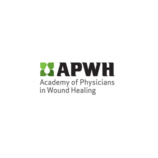 Logo of the Academy of Physicians in Wound Healing featuring green cross and black text.
