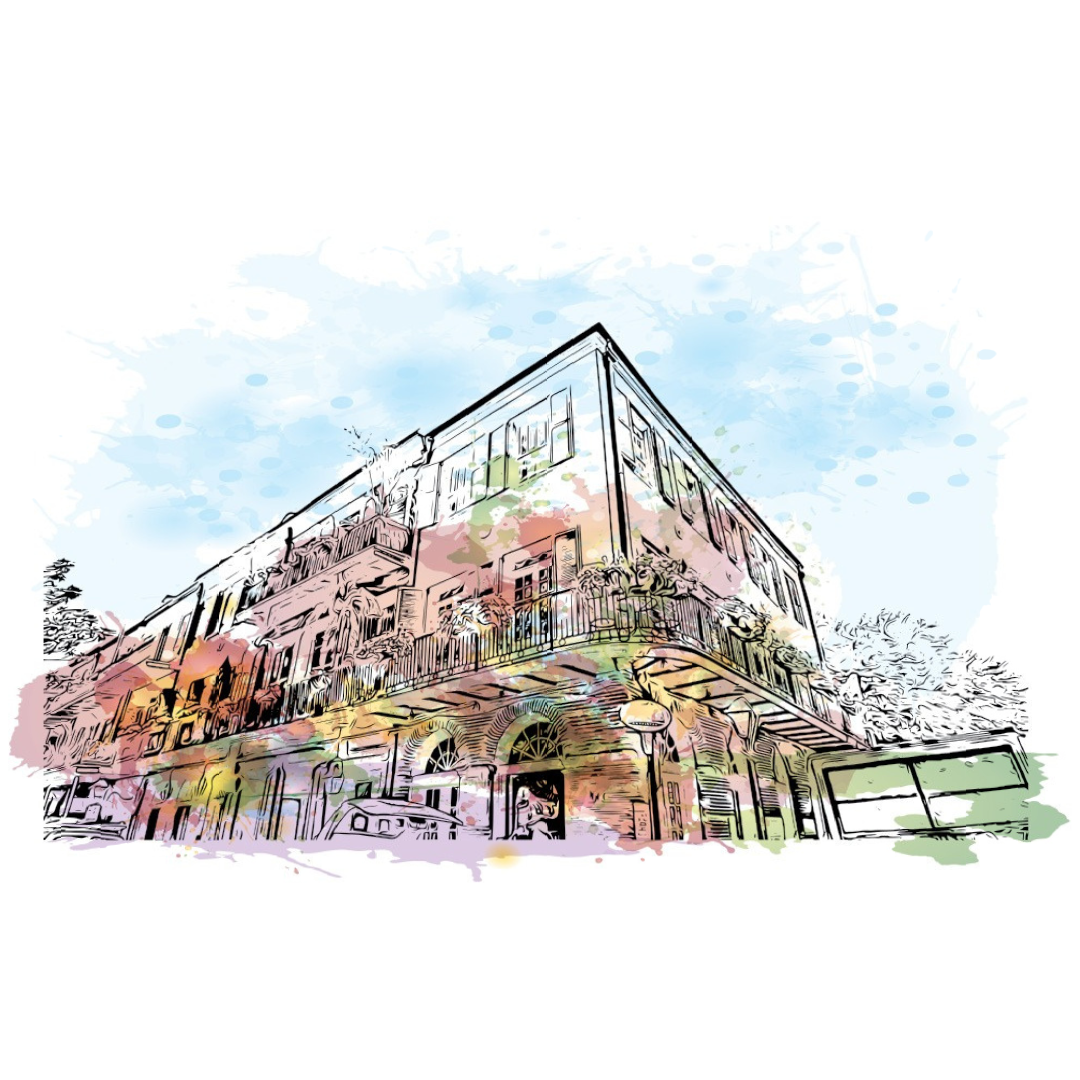 Watercolor illustration of a three-story building with balconies and shops on the ground floor, under a blue sky with scattered clouds.