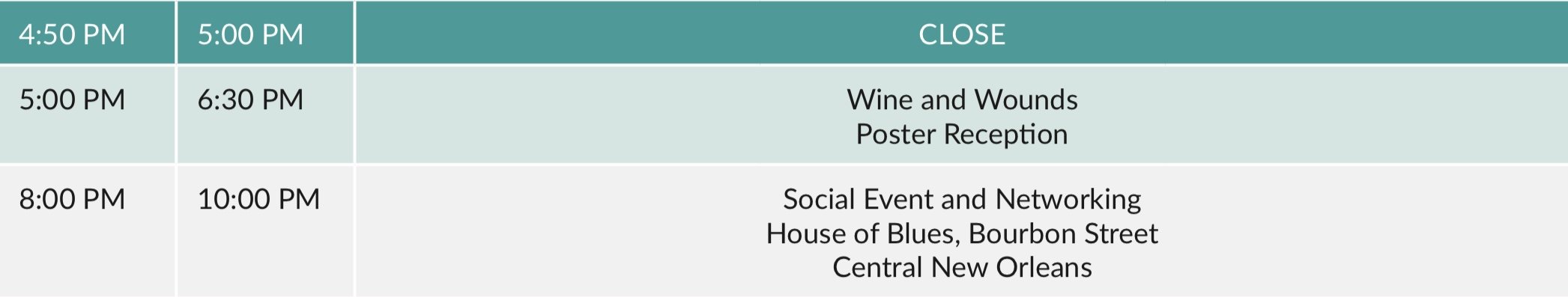 A schedule or timetable with times and events listed, including the times 4:50 PM, 5:00 PM, 6:30 PM, 8:00 PM, 10:00 PM and events like Wine and Wounds Poster Reception, and Social Event and Networking at House of Blues, Bourbon Street, Central New Orleans.