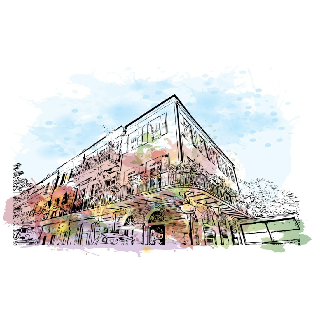 A watercolor style illustration of a corner building with balconies and a street view with cars and pedestrians.