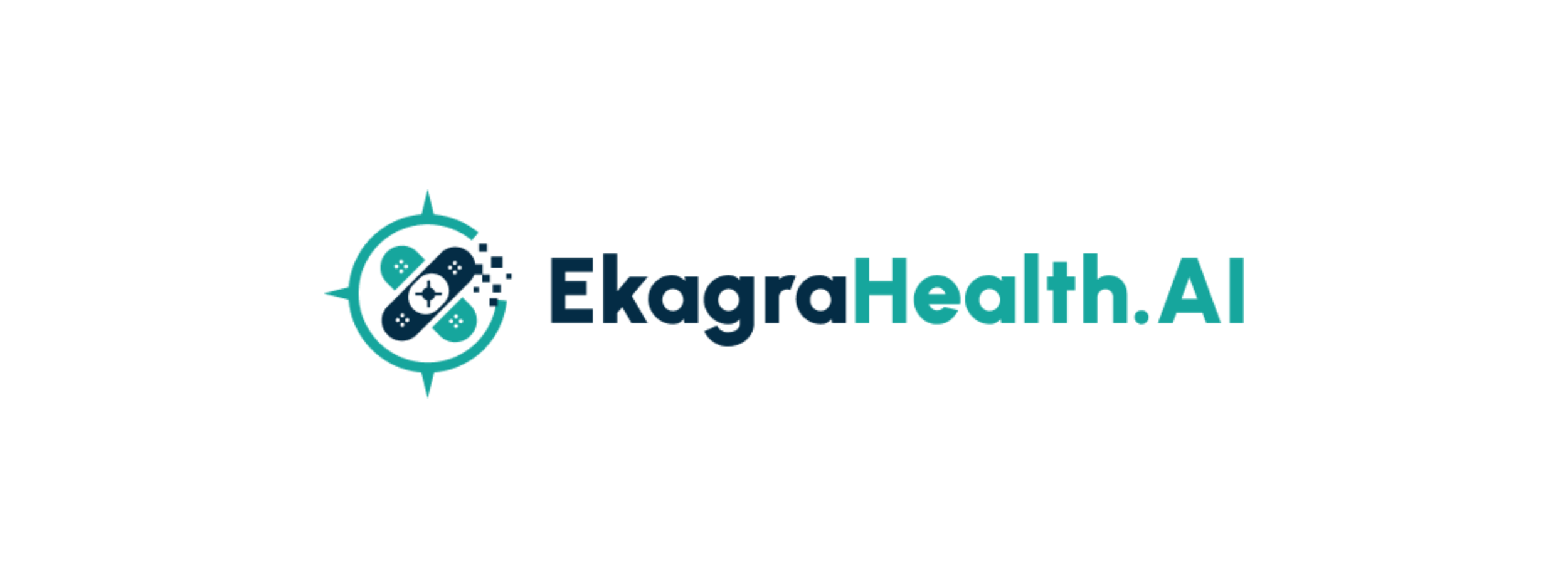 Logo of Ekagra Health with an icon of 2 plasters in a circle to the left (one green and one blue) with Ekagra in blue writing and Health.AI in green writing to the right of the icon