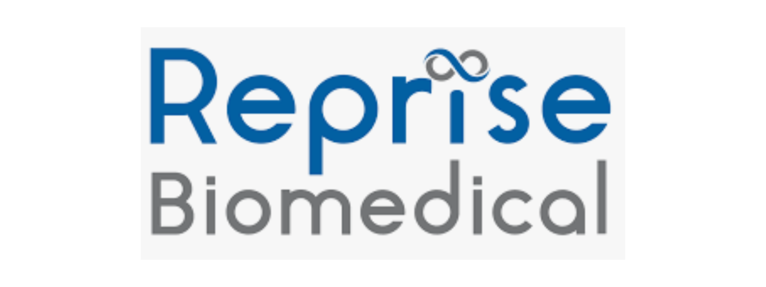 Reprise Biomedical logo with Reprise written in blue writing on the top, with an infinite sign as the do for the 'I' and Biomedical written in grey positioned underneath