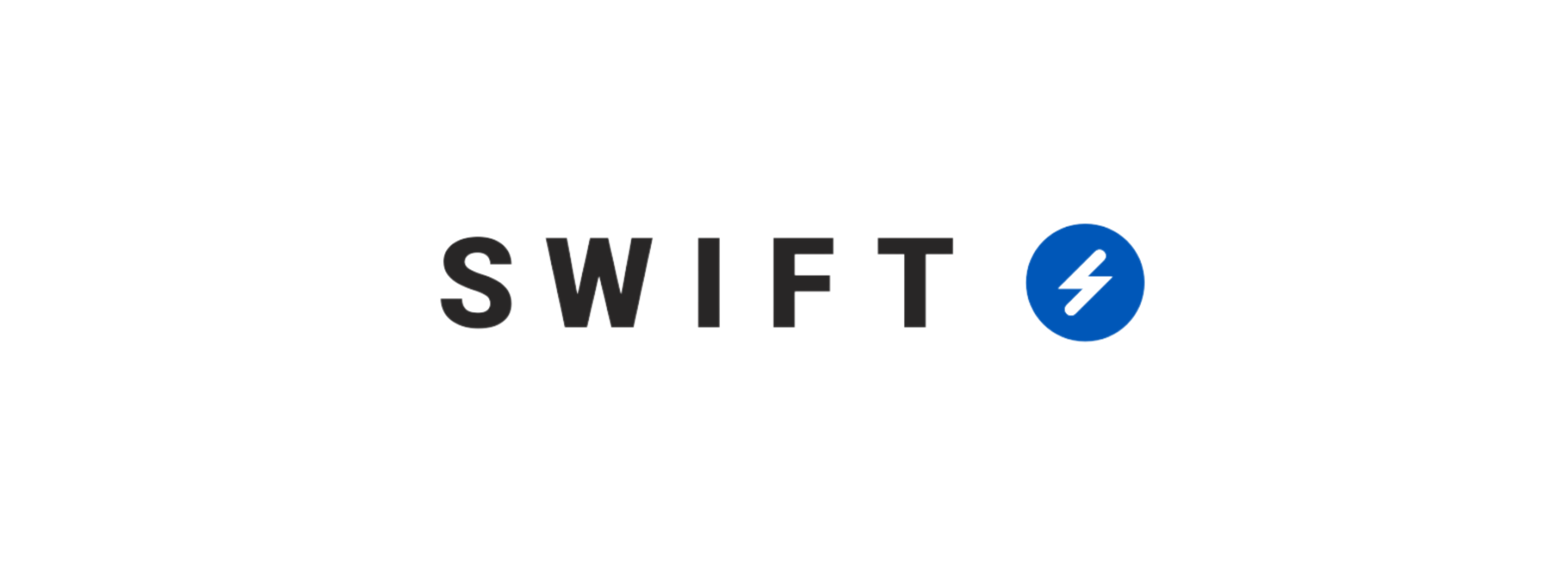 Logo for Swift Medical with a simple Text logo in black spelling out Swift and a lightening bolt symbol in blue and white at the far right