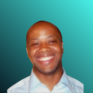 A smiling man with a shaved head wearing a light blue shirt, set against a gradient teal background. Zweli