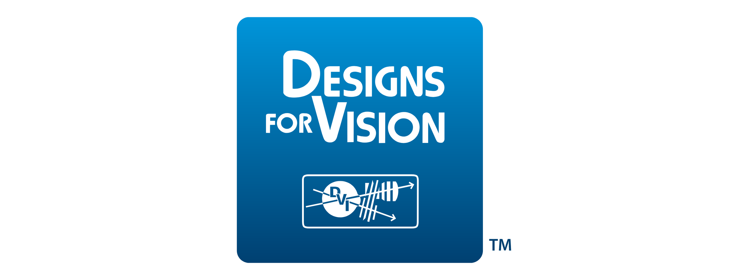 Logo made up of a blue square with white Designs for Vision writing inside, with a sound waves image underneath