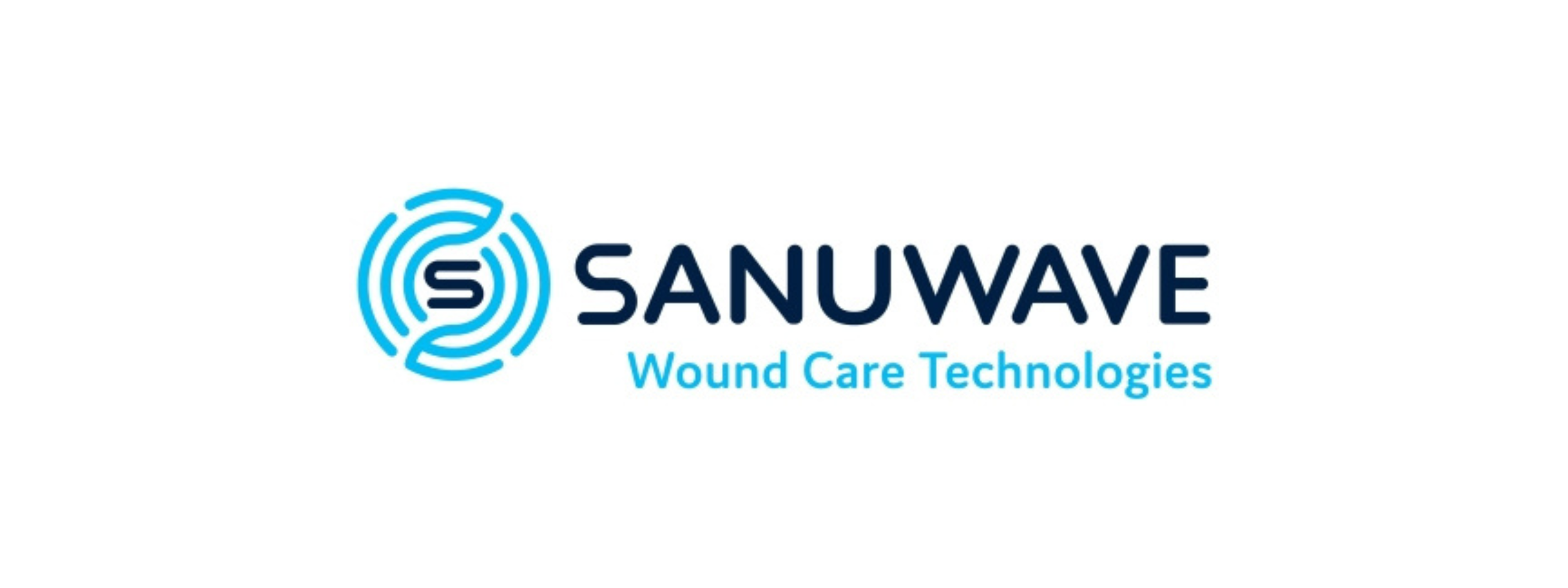 Logo of Sanuwave styled in a light and dark blue with an image to the left