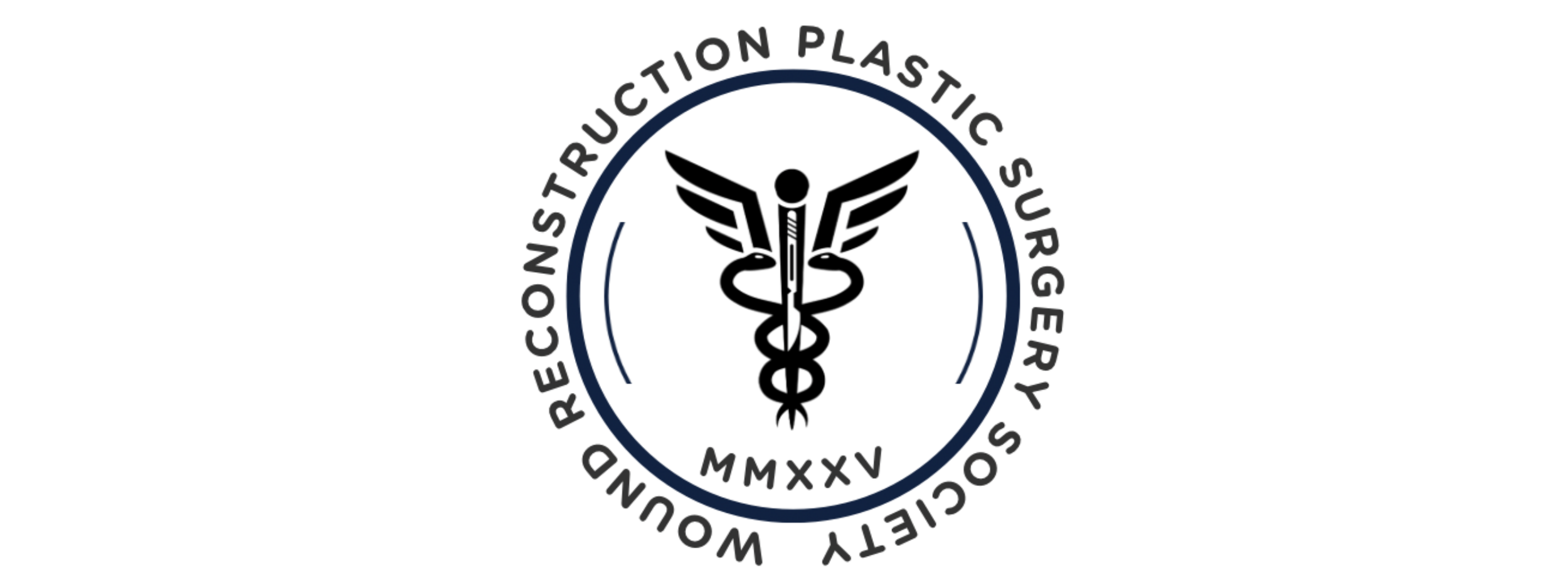 A black circular sticker with a white surgical knife in the center. Around the circle, it says "Reconstruction Plastic Surgery Society XXV MMXX" and "World Reconstrution".