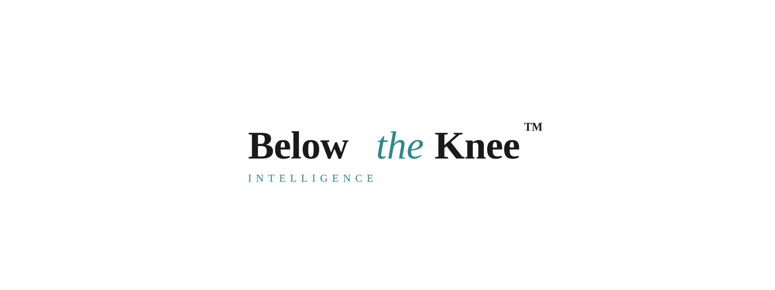 The image features a black background with teal and gray text that reads, "Below the Knee™ Intelligence."