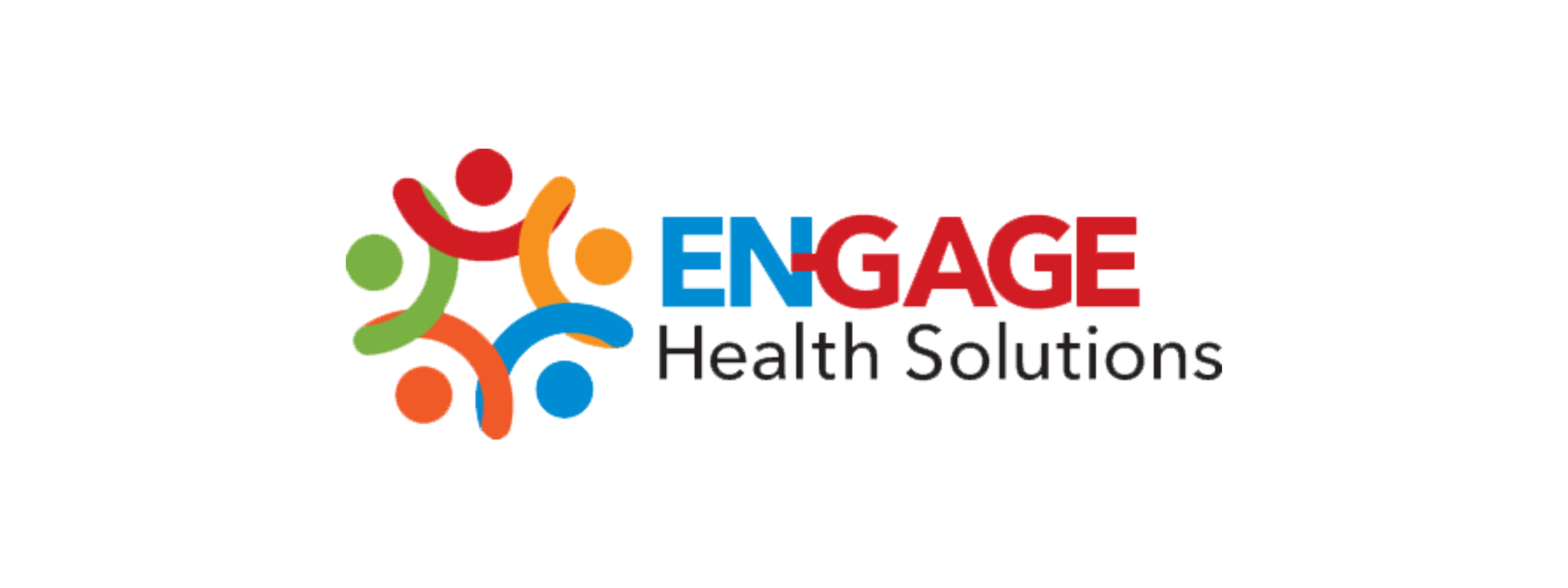 Red/Blue/Green/Yellow/Orange graphic on the left with dots and lines with Engage in blue and red to the right, with Health Solutions in black underneath