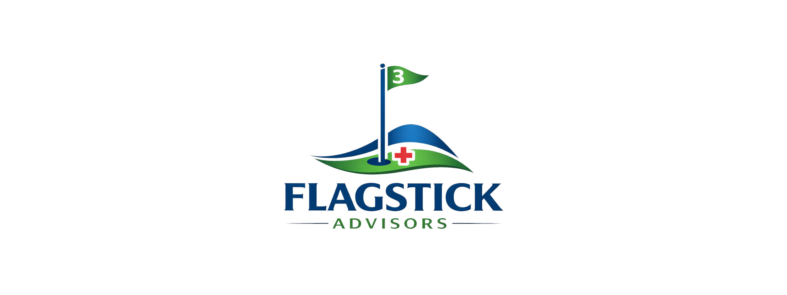 Black flag pole with green flag with a 3 on it sat on a blue and green golfing hole with 'Flagstick' in blue capitals below and 'Advisors' in green capitals below that