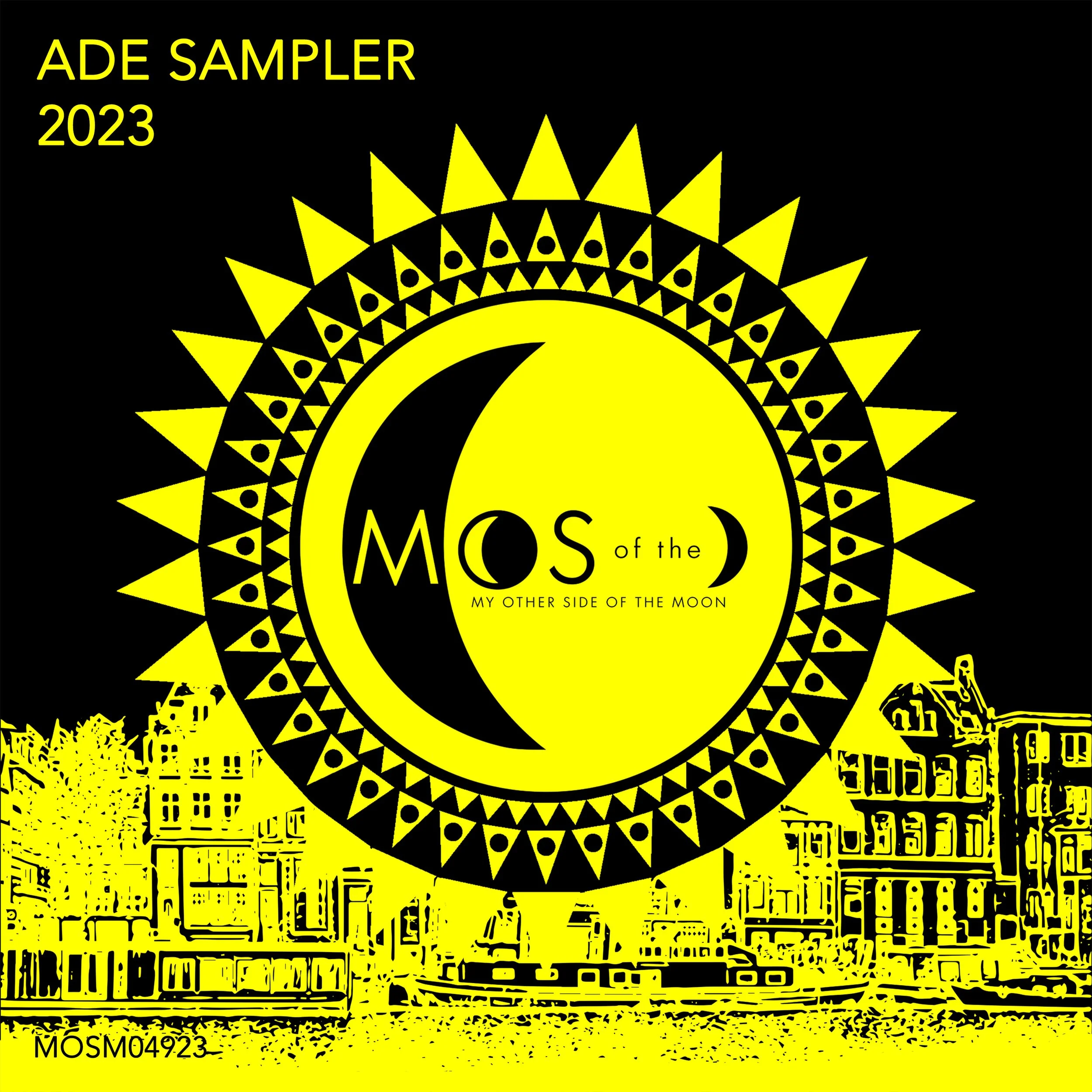 Cover art for ADE Sampler 2023 featuring a black background with a large yellow and black stylized moon and sun design in the center. The text "M O S of the MY OTHER SIDE OF THE MOON" is displayed across the moon, with the words "ADE SAMPLER 2023" in