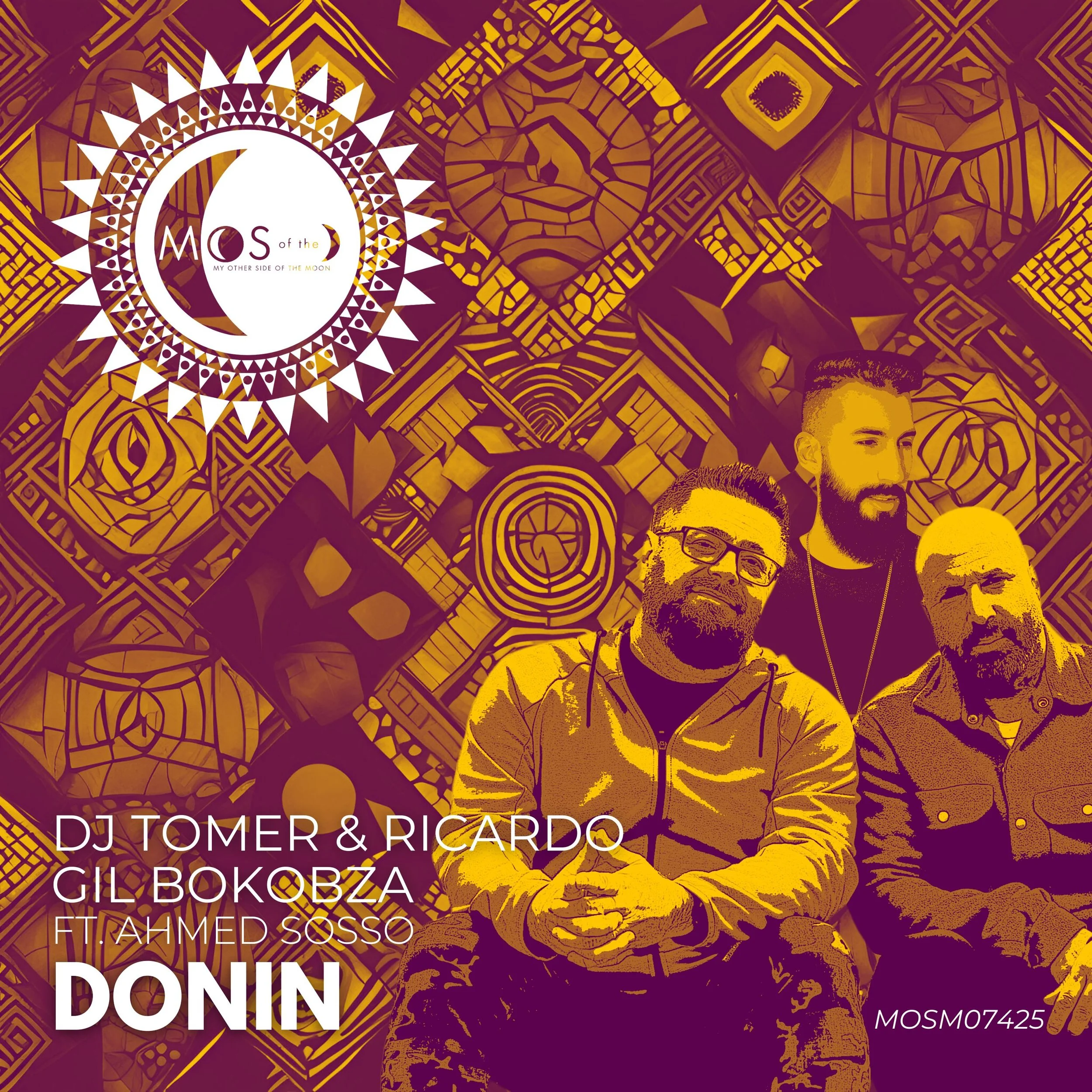 A graphic design album cover featuring three men with beards and glasses against a vibrant, abstract geometric background in shades of purple and yellow. Text on the cover reads "Mos of the Moon, DJ Tomer & Ricardo, Gil Bokobza, ft. Ahmed Sosso, Doni
