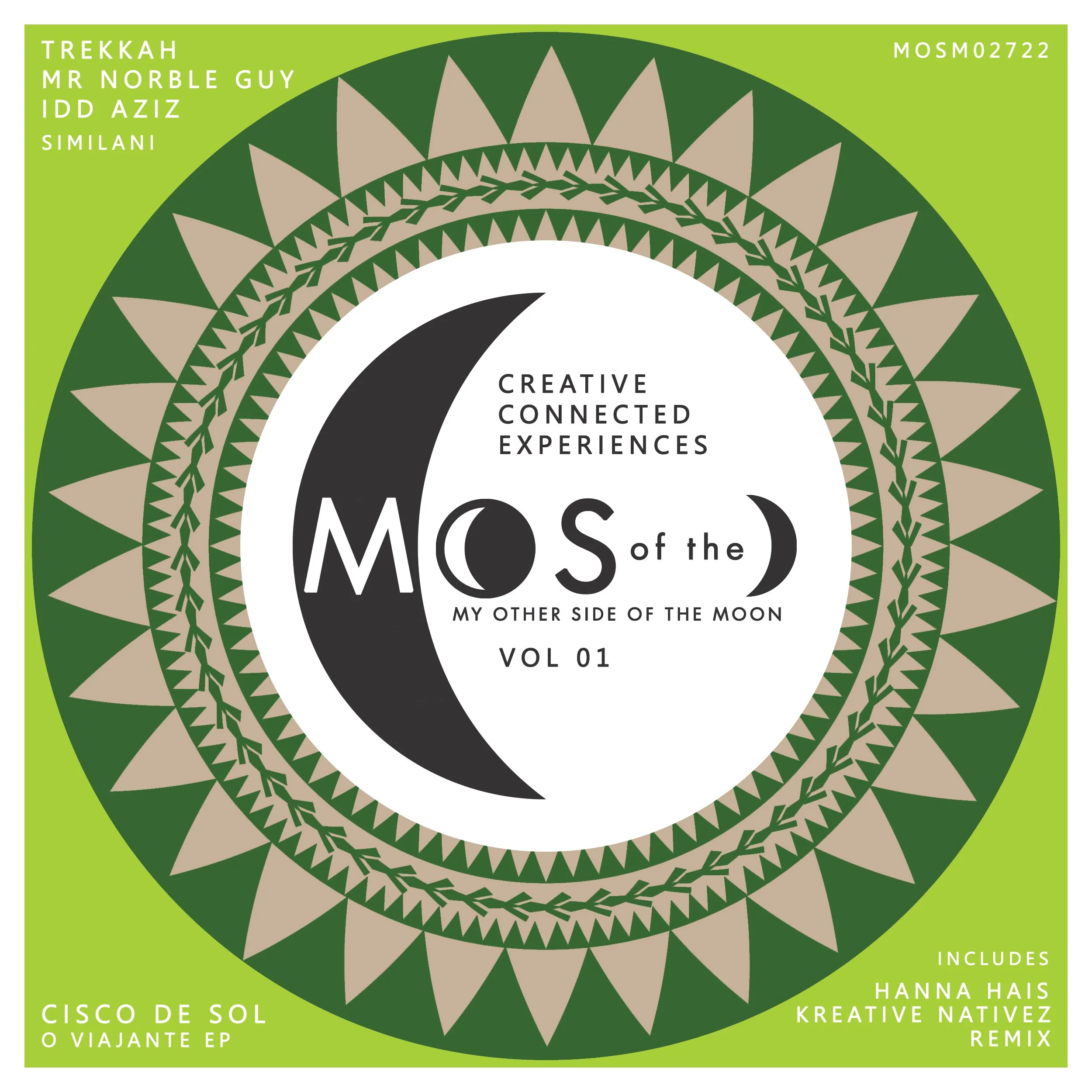 Design of a circular, geometric pattern with green, beige, and black colors, featuring black and white text about a music compilation titled 'Mos of the Moon'.