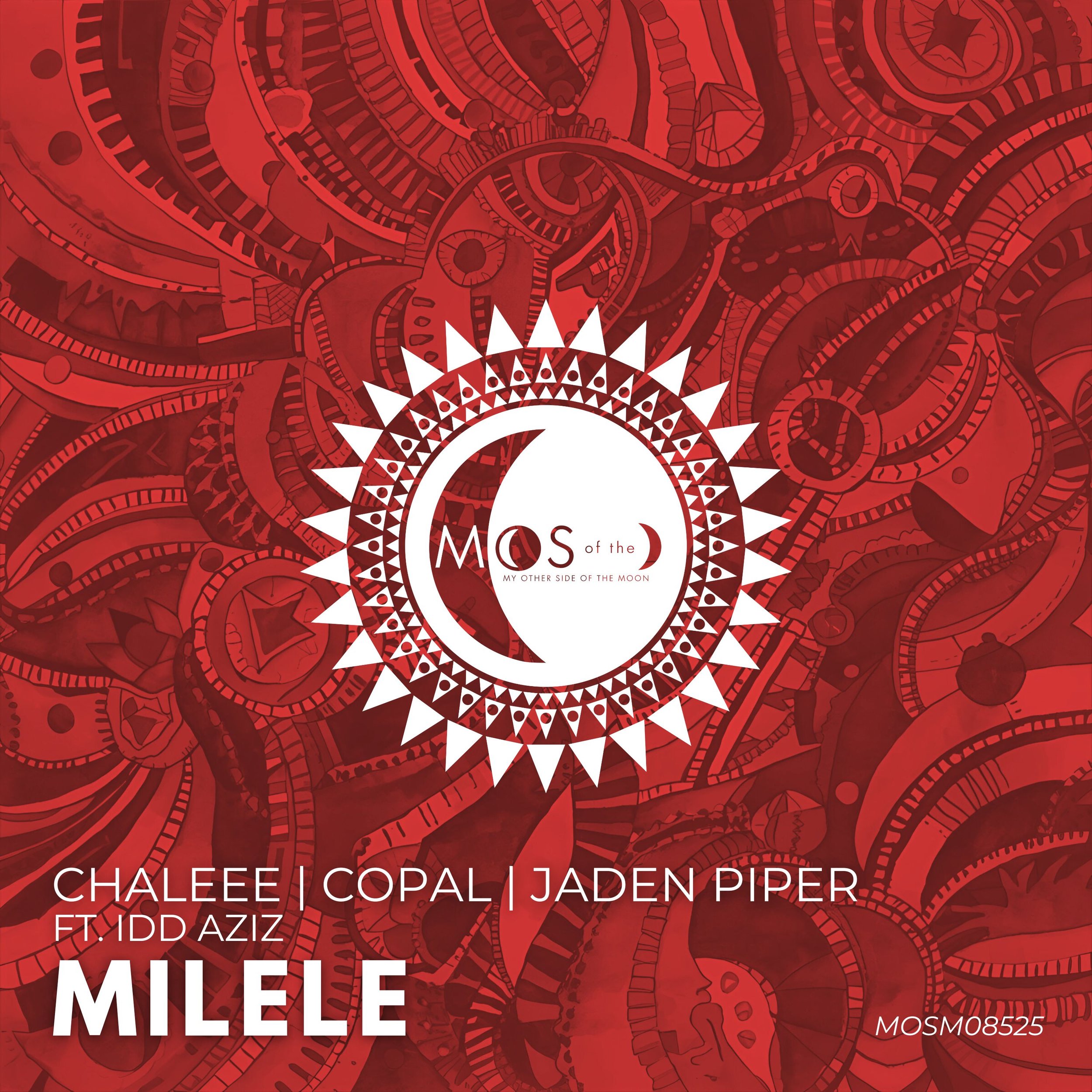 Album cover featuring a red abstract background with a white circle in the center, surrounded by a pattern of triangles. Inside the circle, it reads "Moes of the Moon, My Other Side of the Moon." Text at the bottom lists artists Chalee, Copal, Jaden 