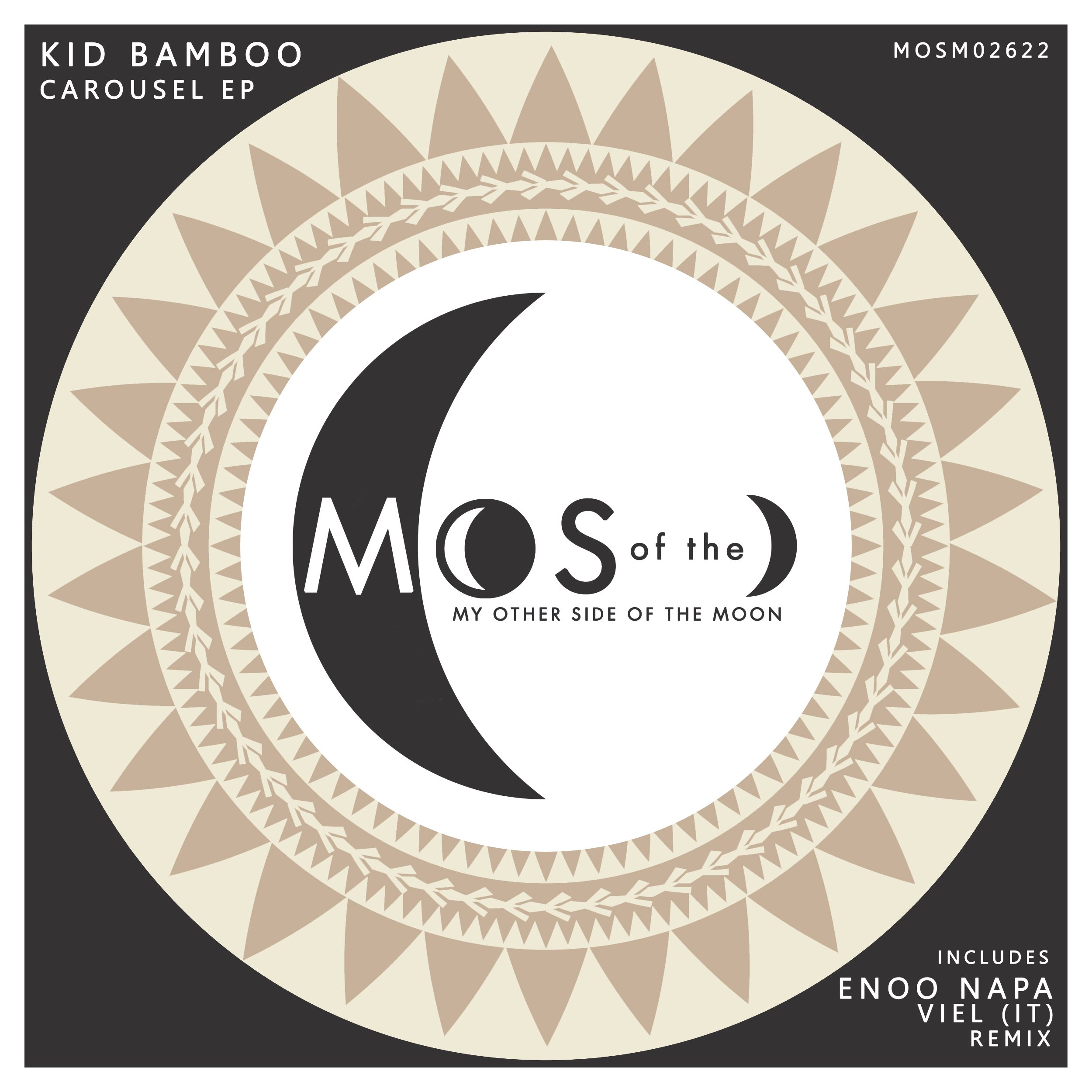 Artwork with a large crescent moon in the center and decorative geometric and leaf patterns in beige and black. Text reads 'Kid Bamboo Carousel EP' and 'Mos of the My Other Side of the Moon.' Additional text indicates it includes a remix by Enoo Napa