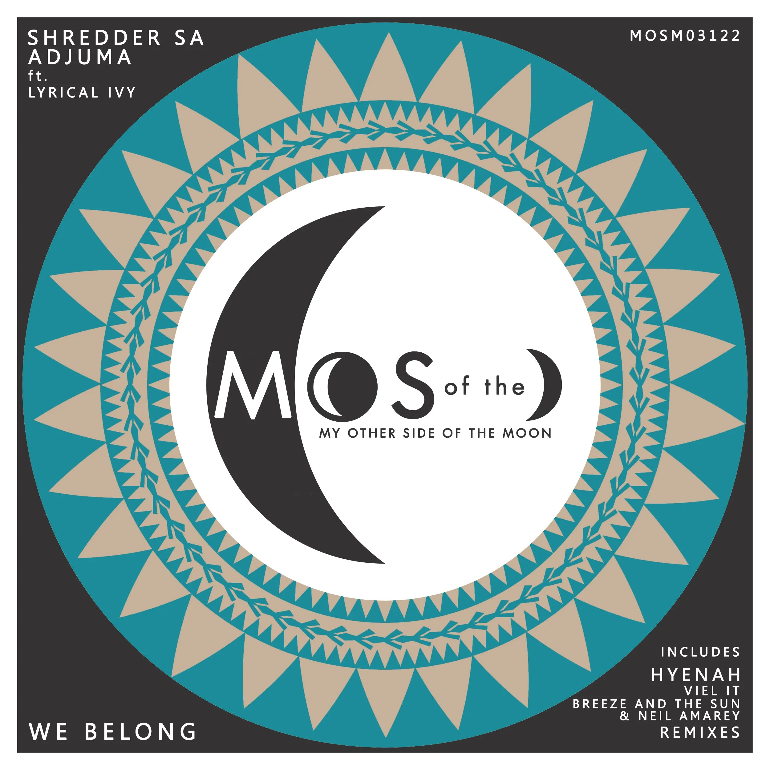 Cover art for Moon of the My Other Side of the Moon album, featuring a large stylized moon, geometric blue and beige circle patterns, and text indicating the album name, artist, and song information.