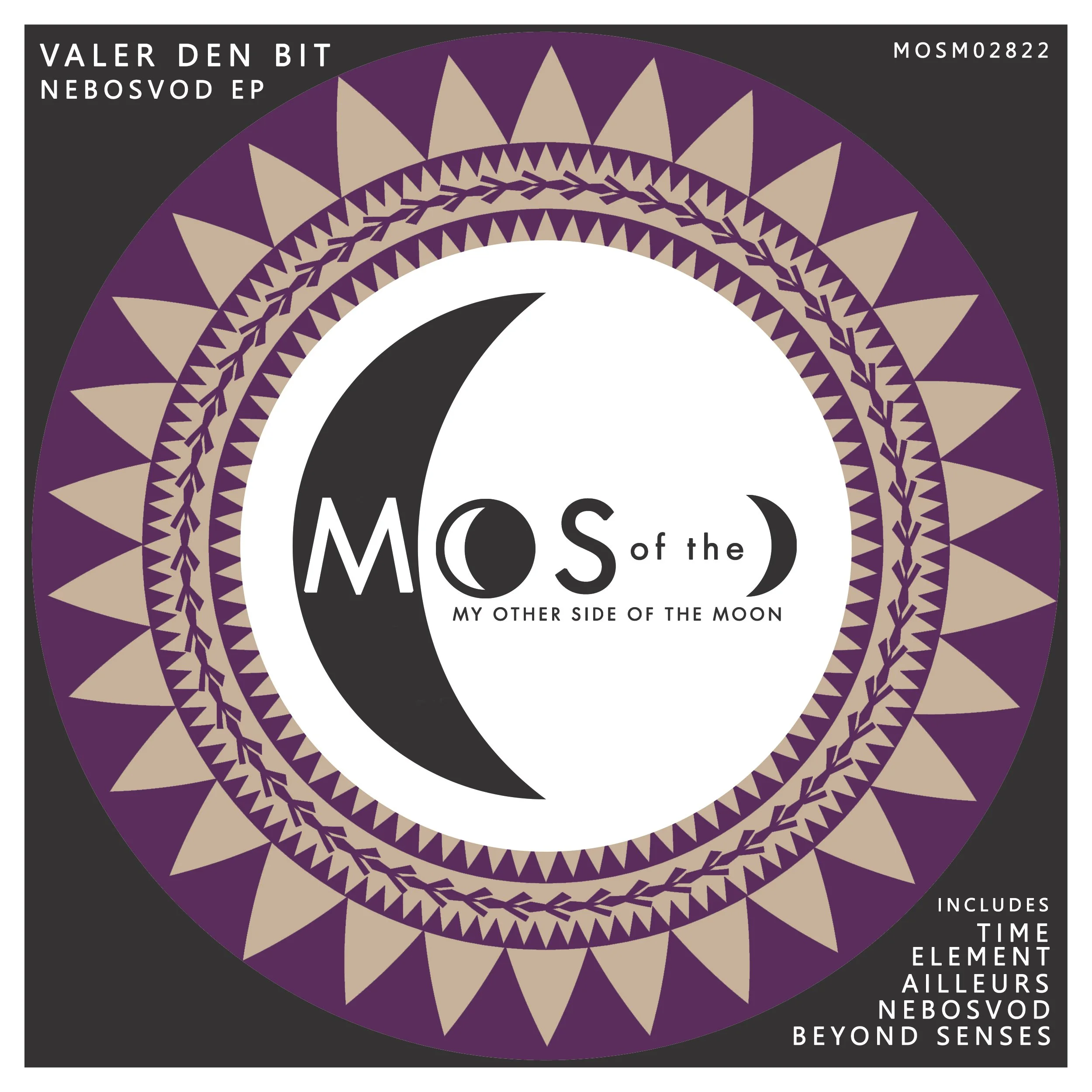 Album cover with a central crescent moon and text 'MOON of the MY OTHER SIDE OF THE MOON' surrounded by a decorative circular pattern in purple, beige, and black. Top left has the artist's name 'Valer Den Bit' and album title 'Nebovod EP'. Bottom rig