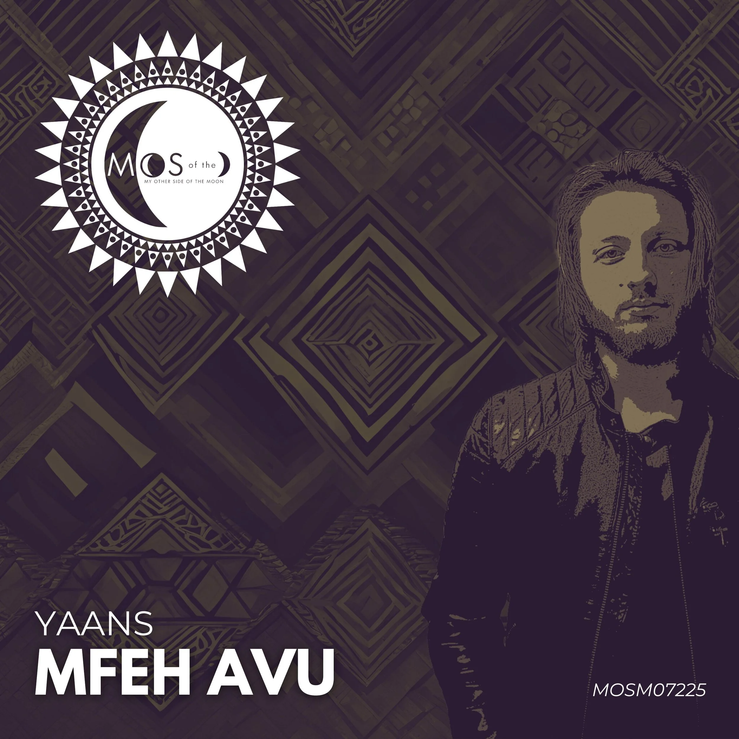 Album cover with a geometric background, a man with long hair and a beard wearing a leather jacket, a circular logo with crescent moon and the words 'MOON' and 'MY OTHER SIDE OF THE MOON', and the text 'YAANS MFEH AVU'