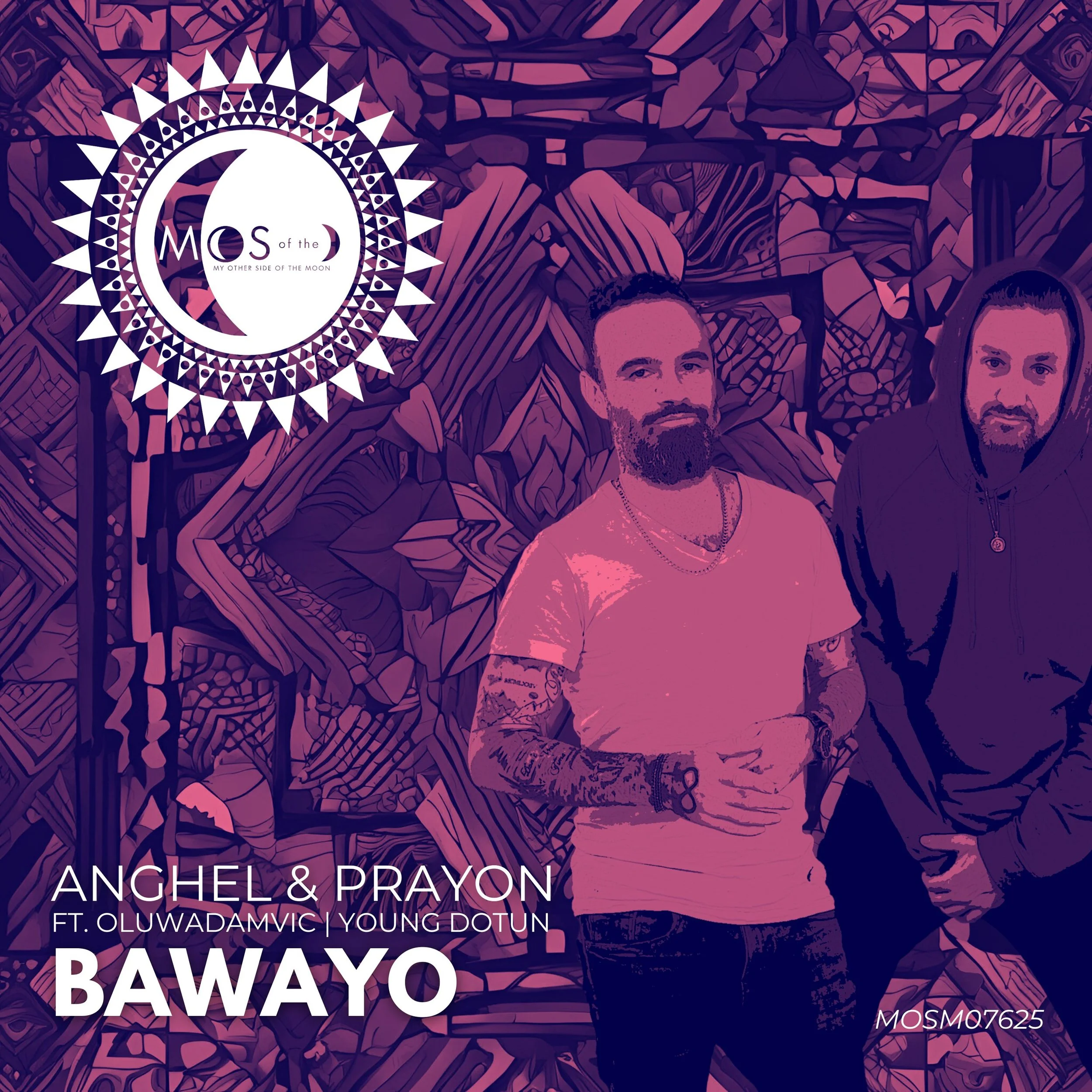 A promotional graphic for a music release featuring two men standing in front of an abstract, geometric background. The artwork includes a circular logo with a crescent moon and the text 'MOS of the MO.' The text on the image indicates the collaborat