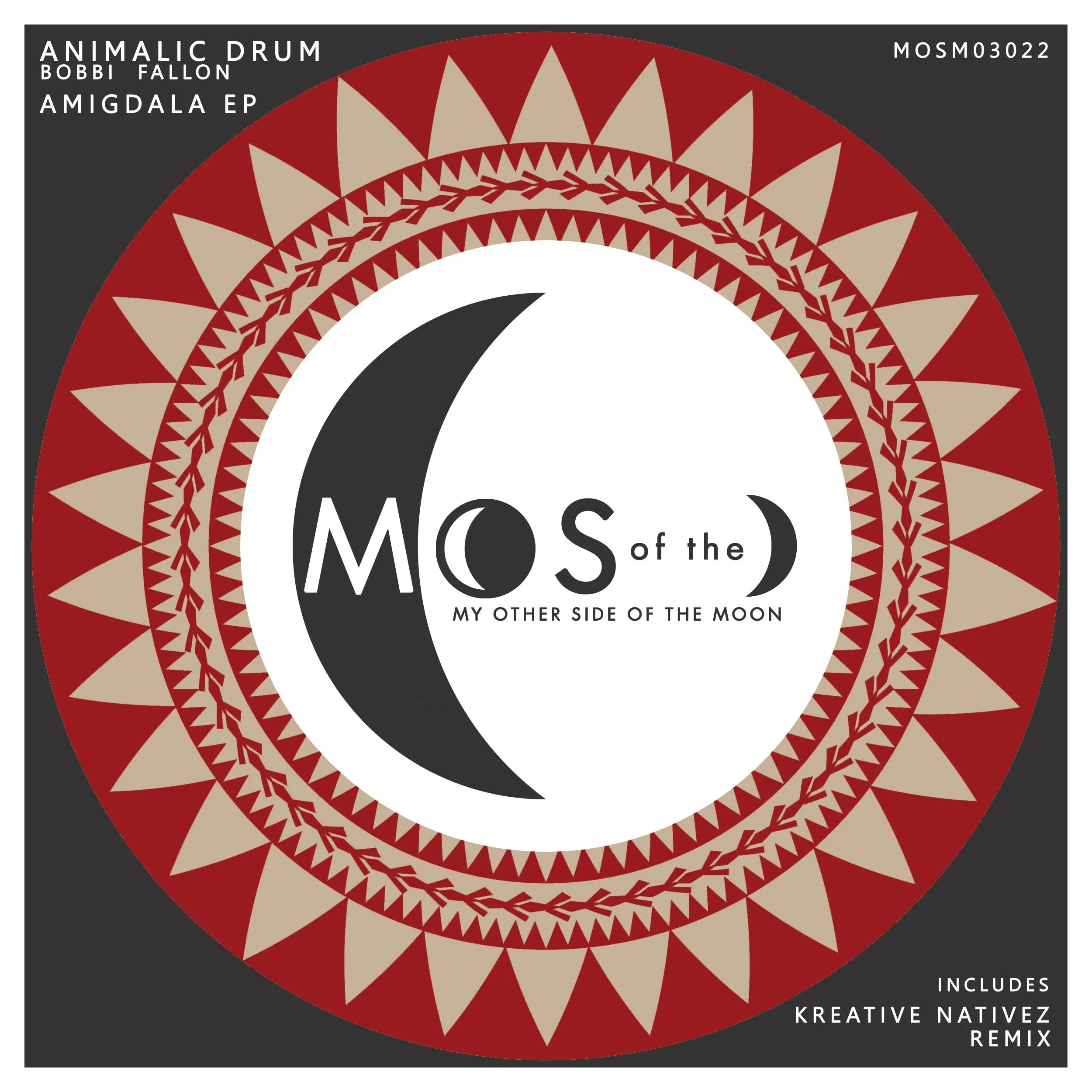 Album cover with a central white circle and black crescent moon shapes forming the word 'M O O N' with the phrase 'my other side of the moon' underneath. The circle is surrounded by a red and beige geometric tribal pattern, with black background and 