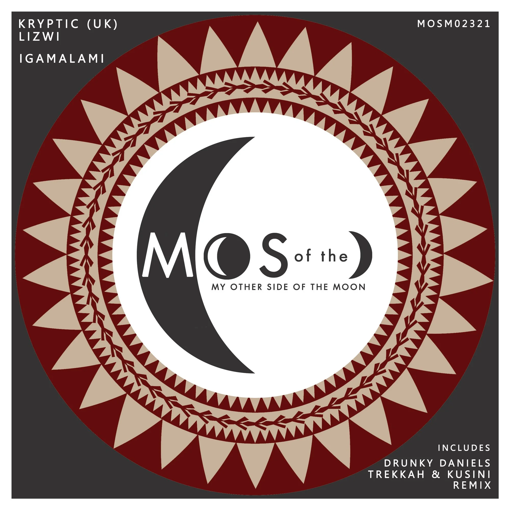 Music album cover with a dark background and a circular tribal pattern in red, beige, and black. The text on the cover reads 'MOS of the MY OTHER SIDE OF THE MOON' with a graphic of a crescent moon and a new moon symbol. Additional text states 'KRYPT