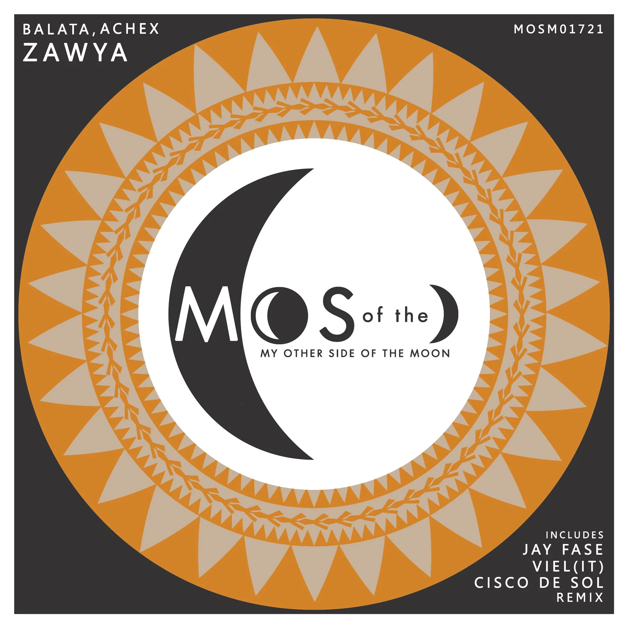 Album cover featuring a black and white crescent moon with the text 'Mos of the My Other Side of the Moon.' The border has a decorative orange and beige geometric pattern, with additional text indicating it includes a remix by Jay Fase, Viel(IT), and