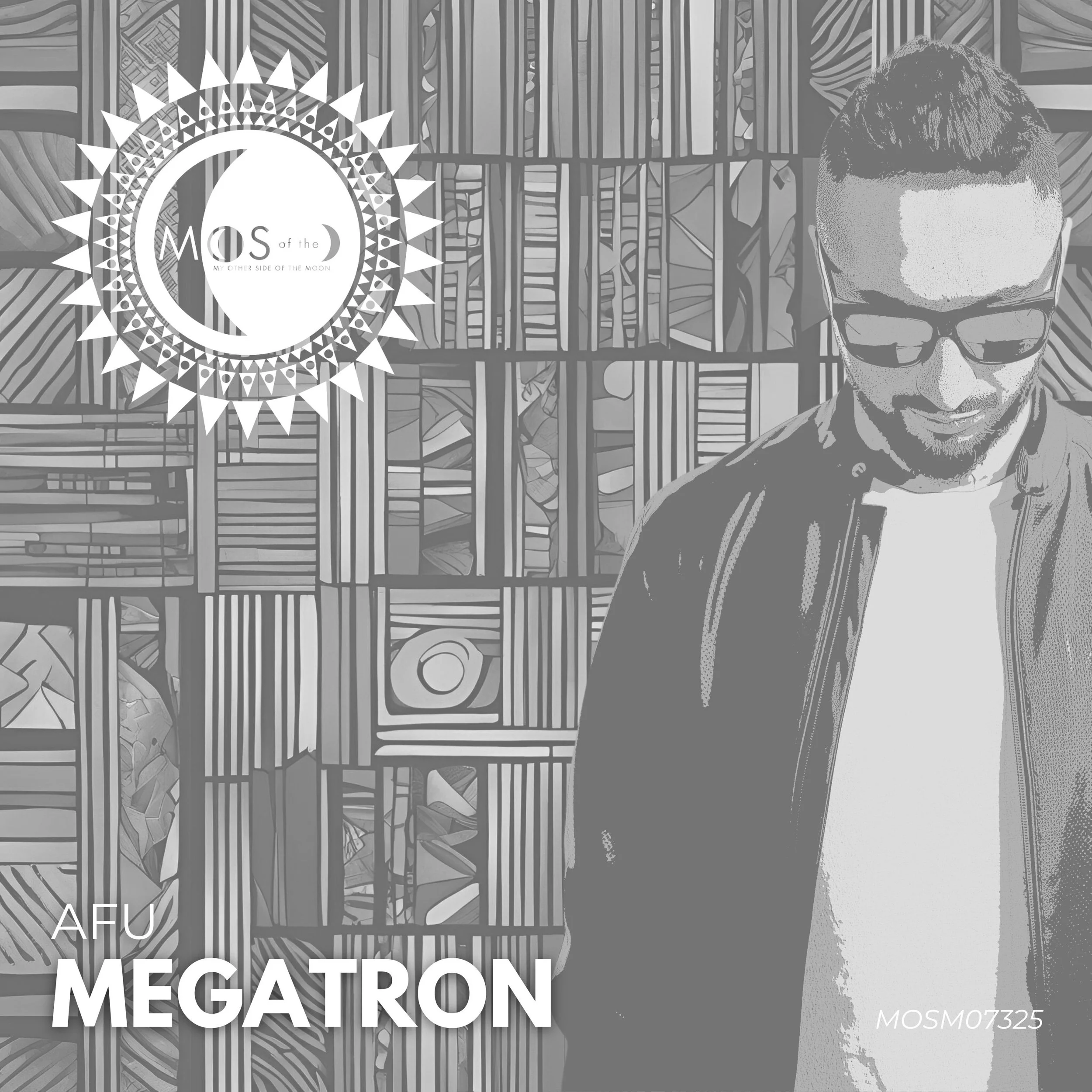 A grayscale illustration of a young man with glasses smiling, standing in front of a graphic background with geometric patterns and the moon phase symbol, with text that reads 'AFU MEGATRON.