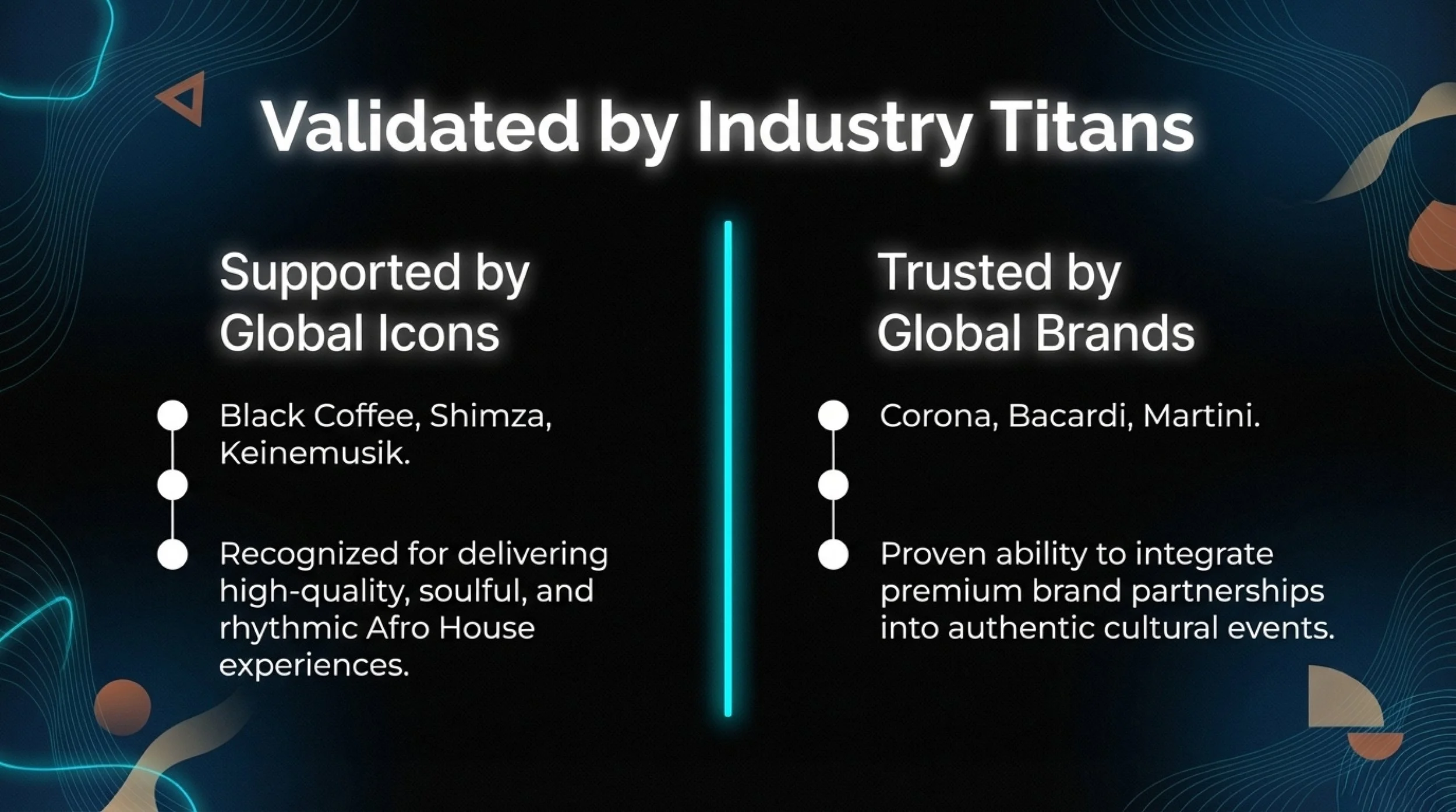 Infographic stating 'Validated by Industry Titans.' It highlights support from global icons like Black Coffee, Shimza, Keinemusik, and trust by brands like Corona, Bacardi, Martini. The infographic emphasizes high-quality Afro House experiences and ability to integrate premium brand partnerships into authentic cultural events.