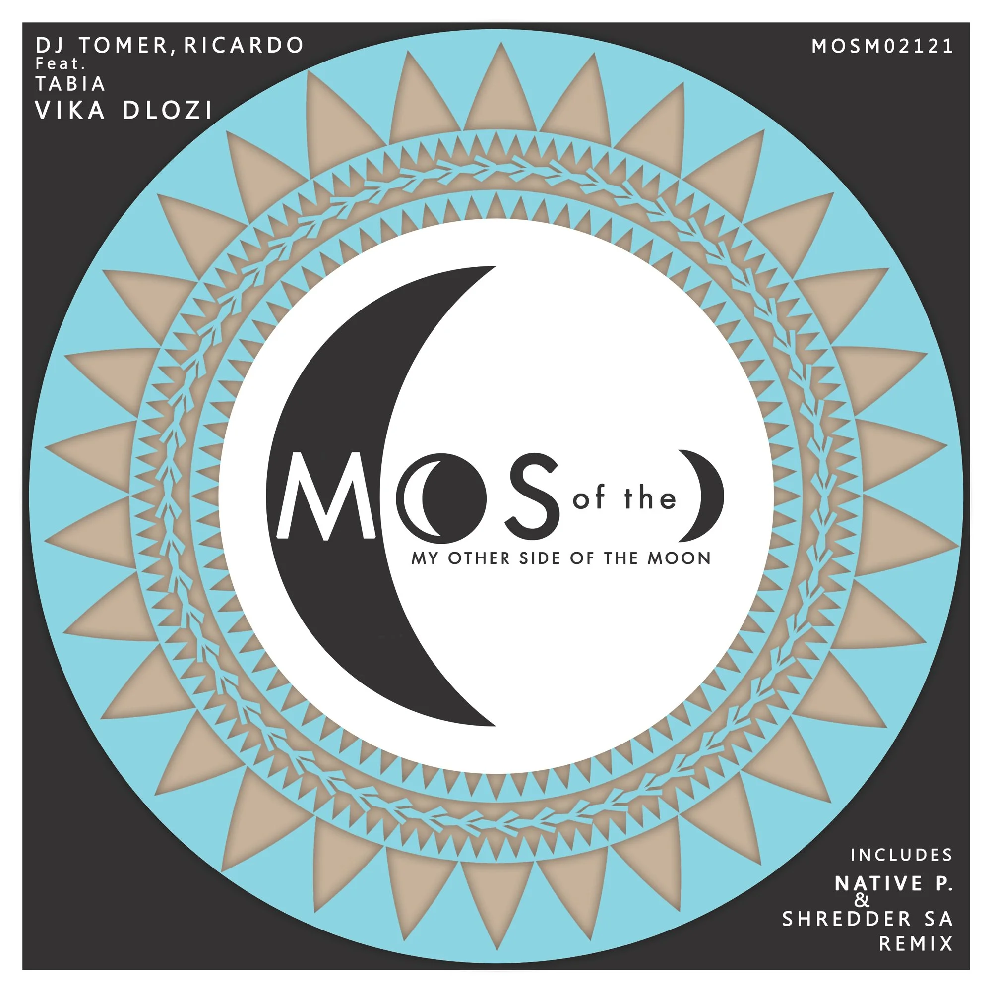 Album cover with a circular design featuring moons and patterns in black, beige, light blue, and white. Text includes "MOS of the MY OTHER SIDE OF THE MOON" and mentions artists DJ Tomer, Ricardo, Tabia, Vika Dlozi, with a remix note.