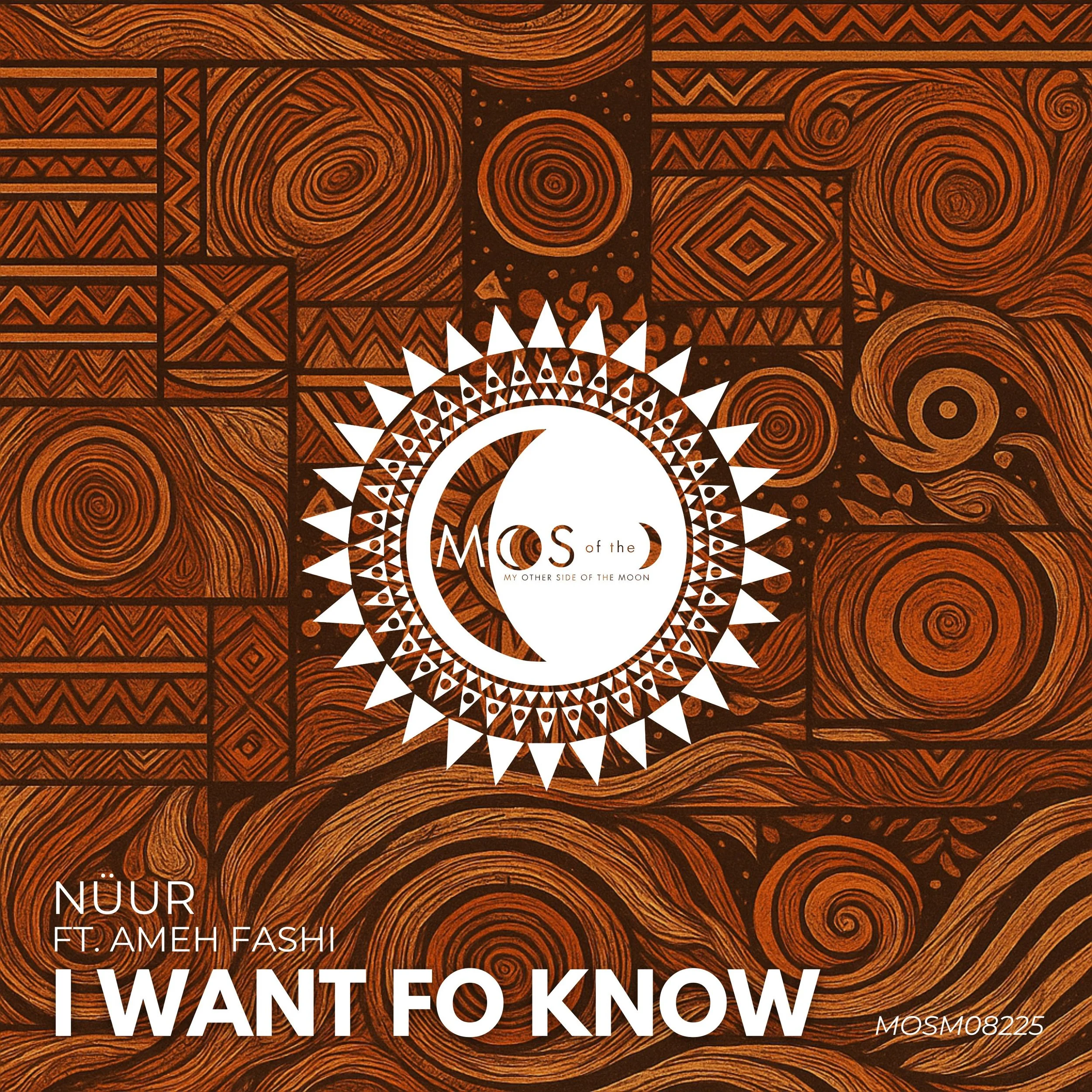 The image displays a brown and black abstract patterned background with a white circular logo in the center. The logo features a crescent moon and the text 'Mosaic of the Moon: My Other Side of the Moon.' Below, the song title 'I Want FO Know' by Nuu