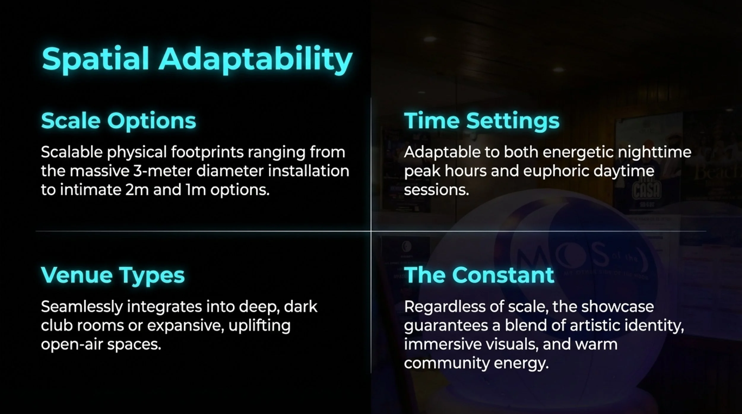 Slide displaying features about spatial adaptabily, including scale options, venue types, time settings, and a constant. The slide has a black background with text in light blue and white fonts.