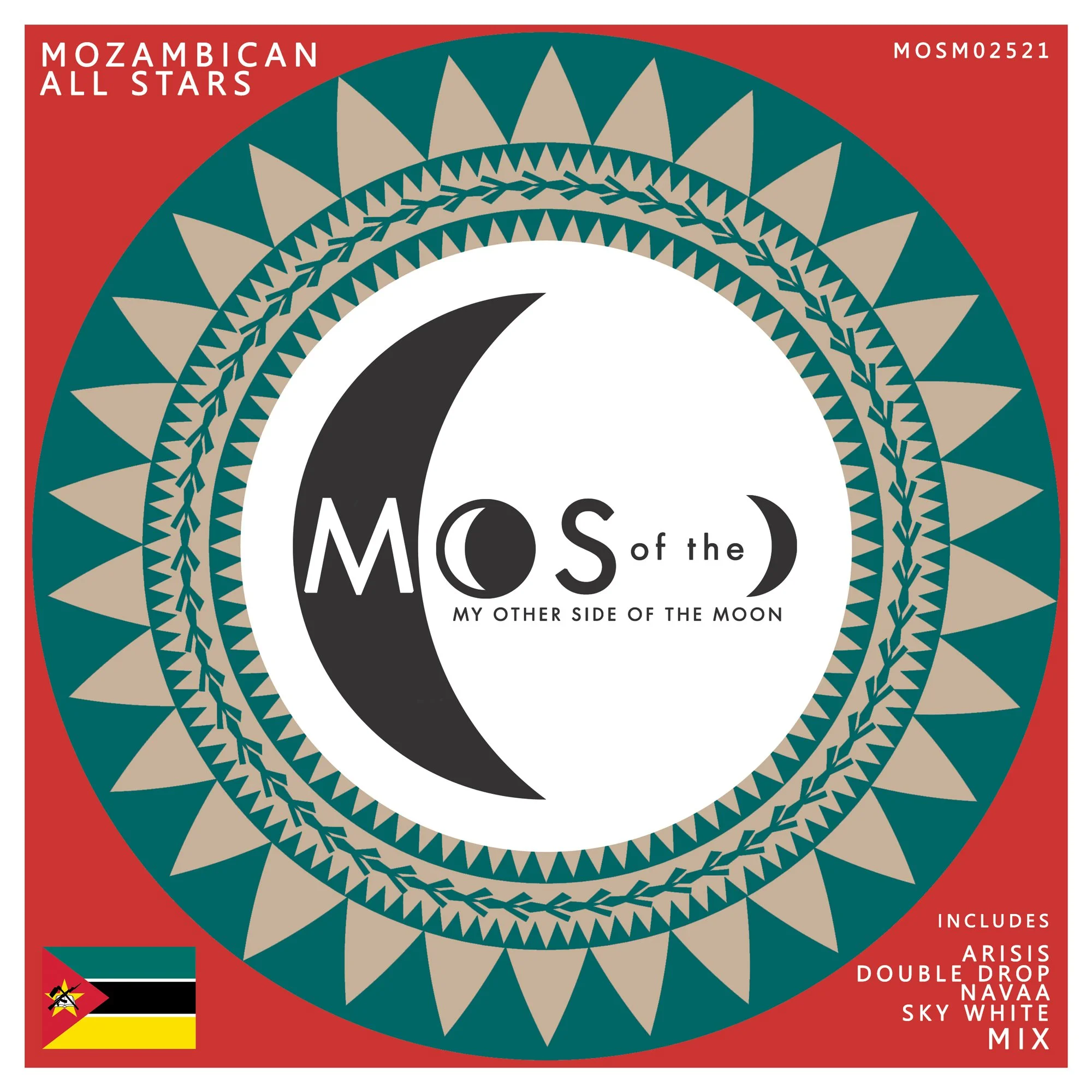 Design featuring a moon crescent and the text 'Moons of the Moon' with the subtitle 'My Other Side of the Moon,' surrounded by concentric geometric patterns in green and beige on a red background, with the Mozambique flag in the bottom left corner an