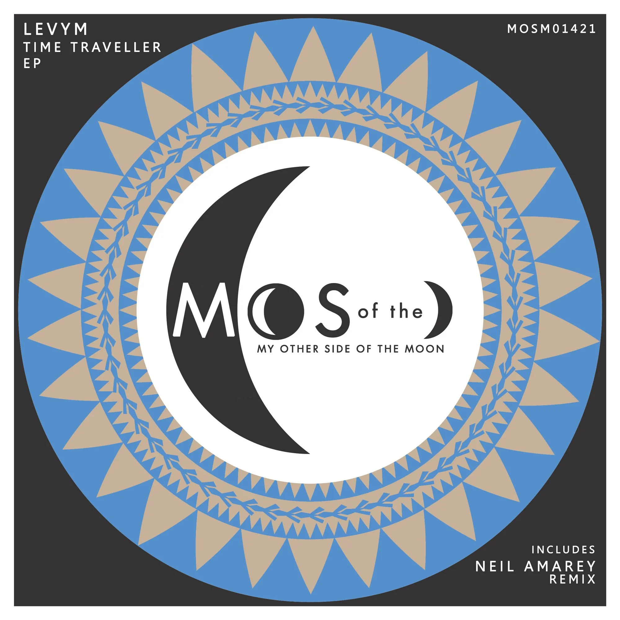 Album cover for Levym's 'Time Traveller EP' titled 'Mos of the Moon,' featuring a black and white moon graphic with the word 'Mos' styled around it, and a decorative circular pattern in blue and beige, with text indicating it includes a Neil Amery re