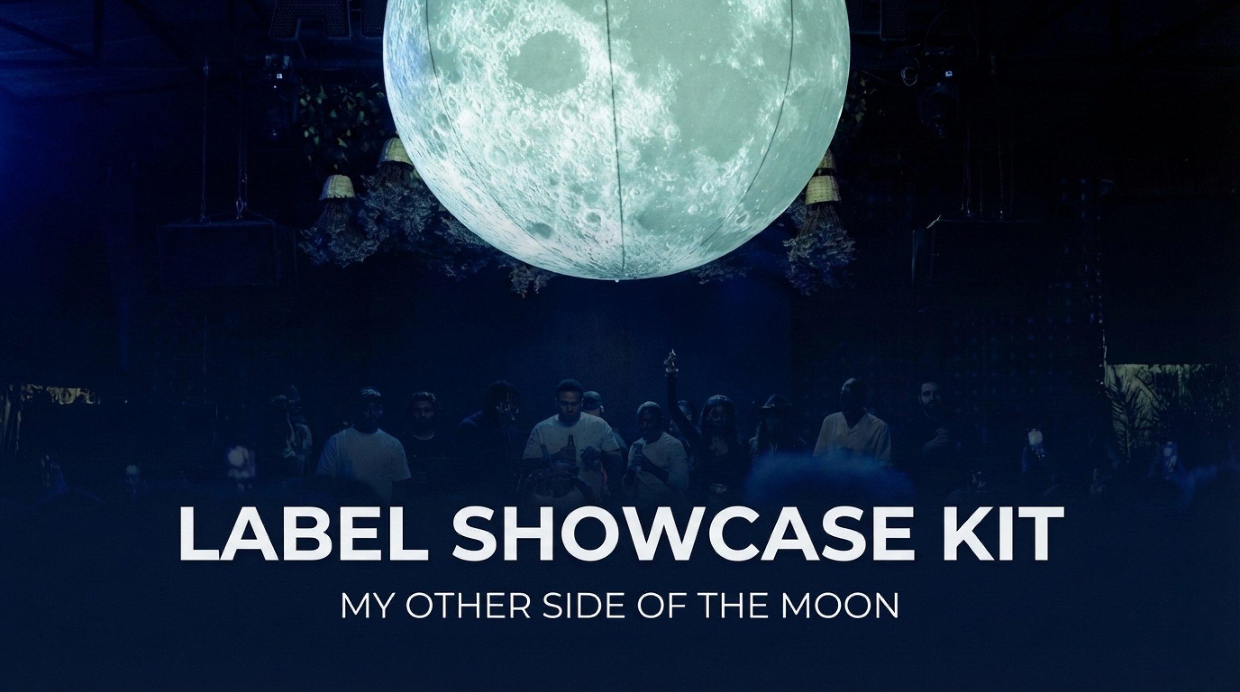 A dark room with a large illuminated moon projection on the ceiling, people standing below, and the text 'Label Showcase Kit My Other Side of the Moon' in the foreground.