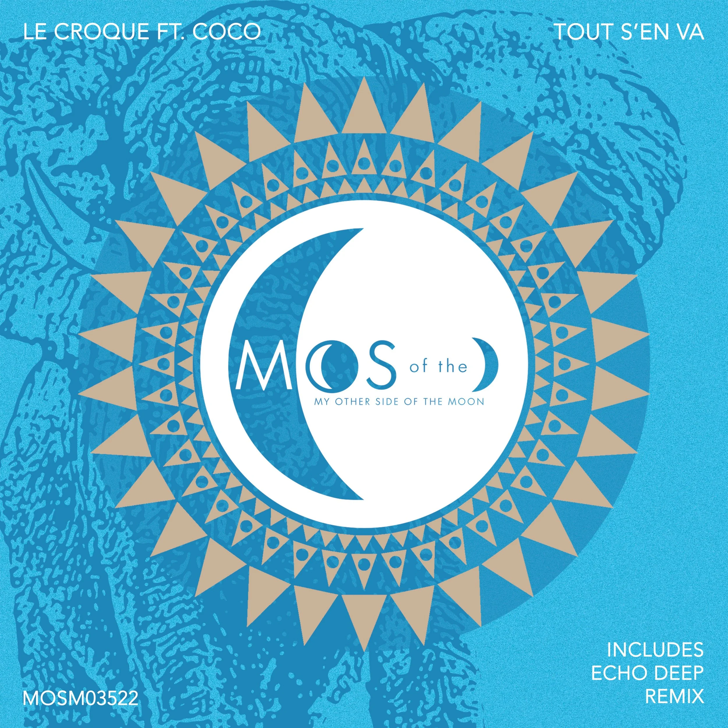 Album cover for 'Mos of the Moon' by Le Croque ft. Coco, featuring a blue background with a fingerprint design. In the center, there is a white circle with a crescent moon and the word 'Mos' inside, along with the subtitle 'My Other Side of the Moon.