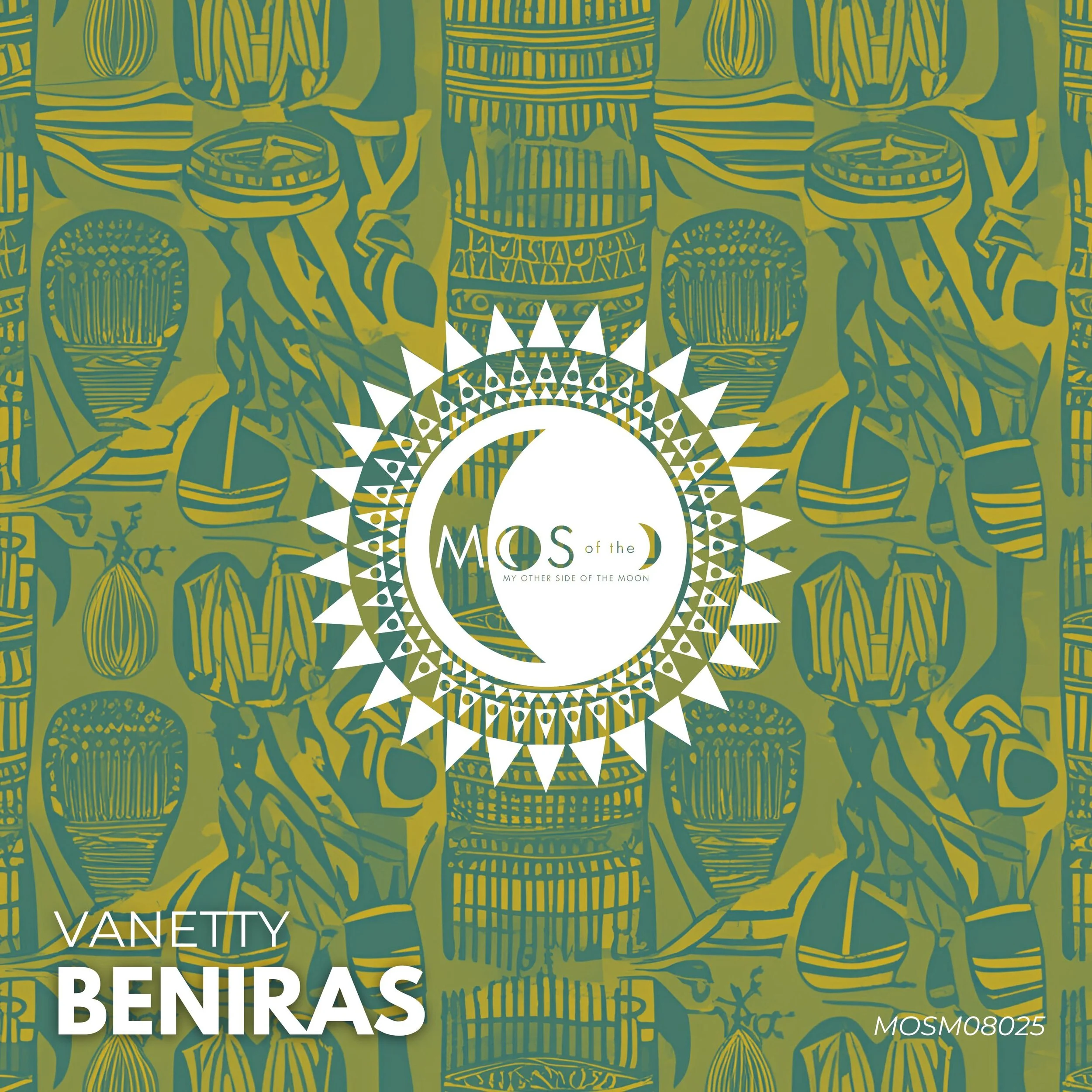 Album cover art with a green and blue patterned background featuring geometric and stylized shapes, with a central white circle containing a crescent moon and the words "MOS of the MY OTHER SIDE OF THE MOON" and the artist name "VANETTY BENIRAS" at t