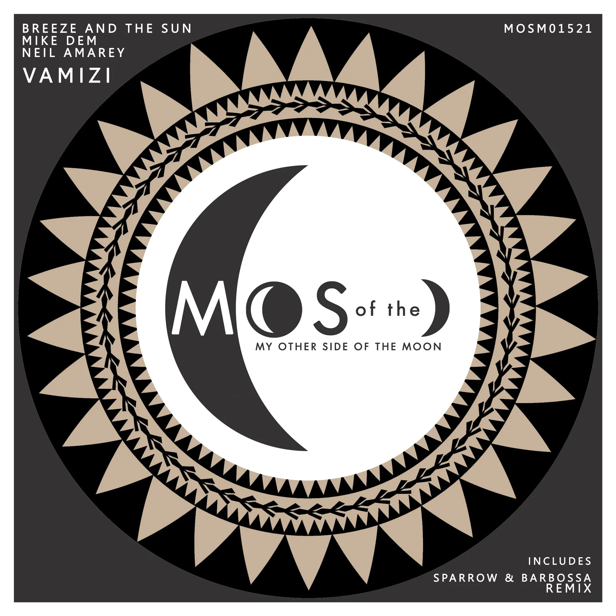 Album cover for 'Vamizi' by Breeze and the Sun, featuring a black, beige, and white geometric circular design with a stylized crescent moon and the text 'MOS of the MY OTHER SIDE OF THE MOON'.