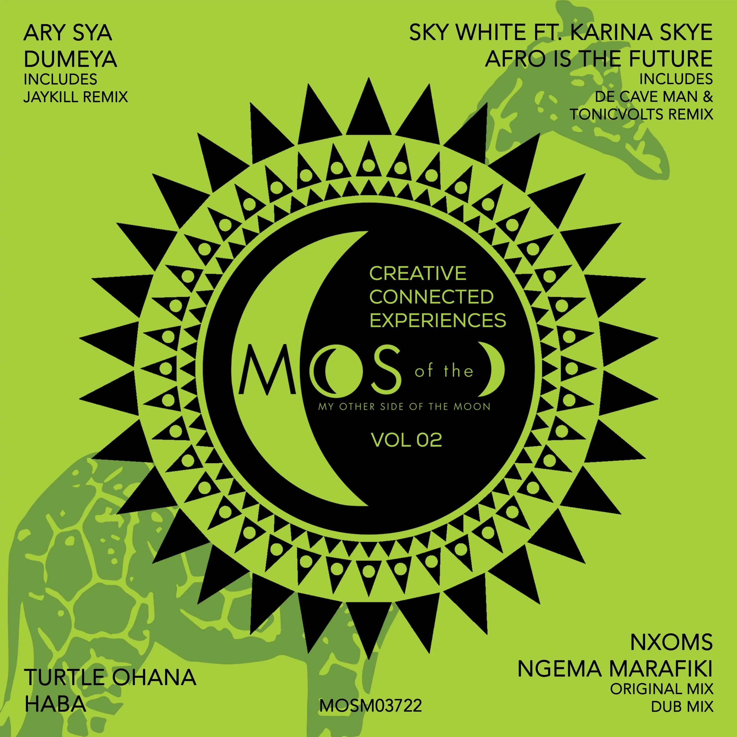 Green album cover design featuring a black geometric sun with a black crescent moon in the center. Surrounding the moon are text details about music tracks and artists, including ARY SYA DUMEYA, SKY WHITE FT. KARINA SKYE, NXOMS, and NGEMA MARAFIKI. T