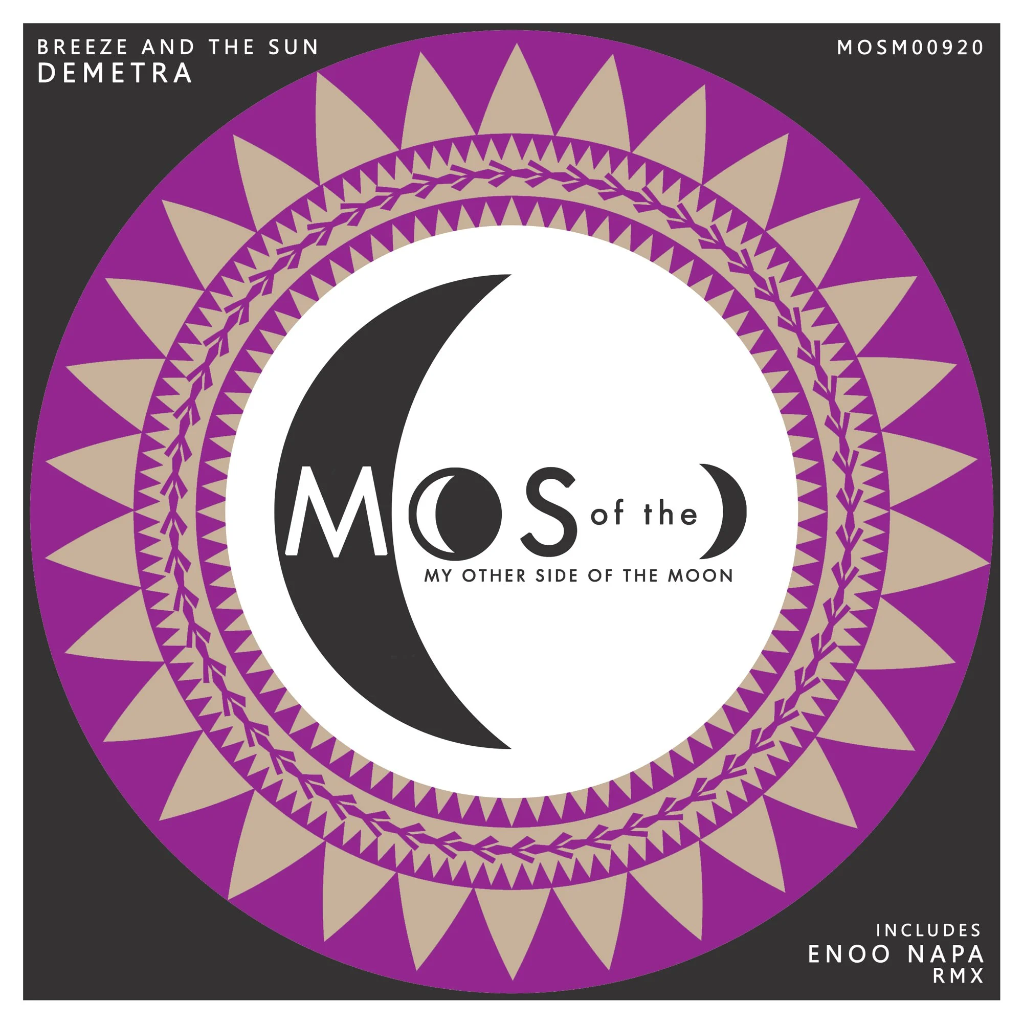 Album cover for Breeze and the Sun by Demetra featuring a black and white moon phase design against a purple and beige geometric patterned background with black borders.